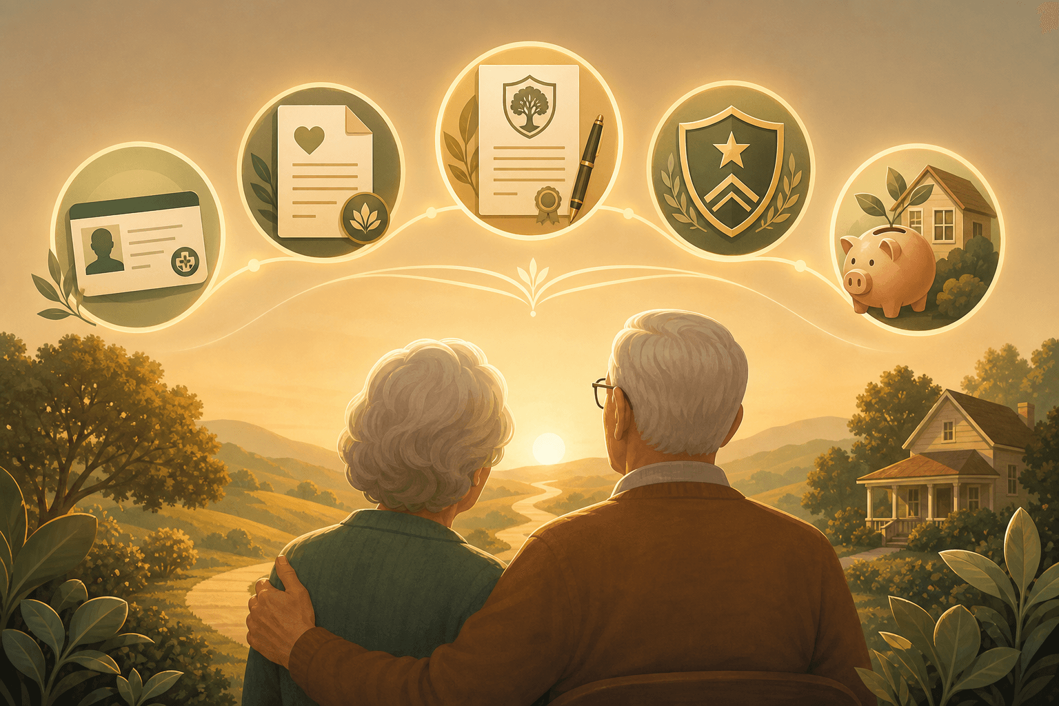 Five glowing icon clusters representing Medicare, Medicaid, LTC insurance, VA benefits, and private savings connected by flowing lines on an amber and sage green background.