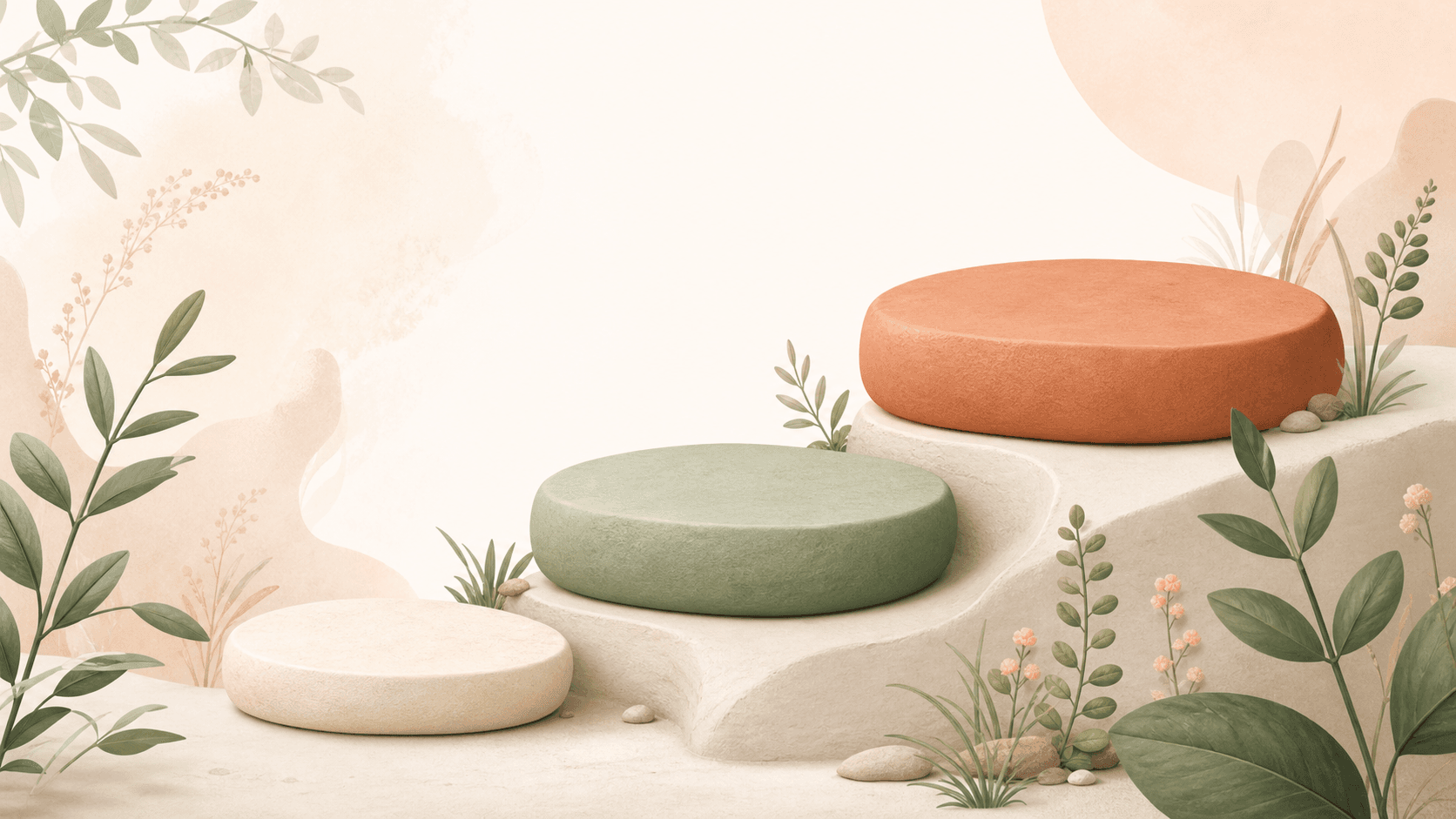Three warm-colored stepping stones ascending gently upward, from a small cream stone to a larger sage green stone to the largest terracotta stone, with subtle plant-like shapes along the path.