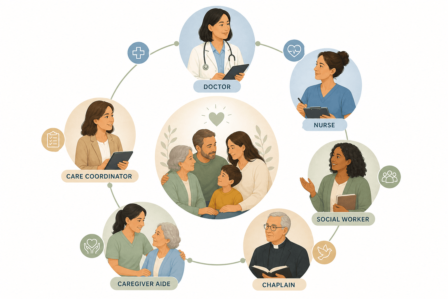 A circular editorial illustration showing seven professional role icons connected by soft lines, representing the hospice interdisciplinary care team with a patient-family icon at the center.