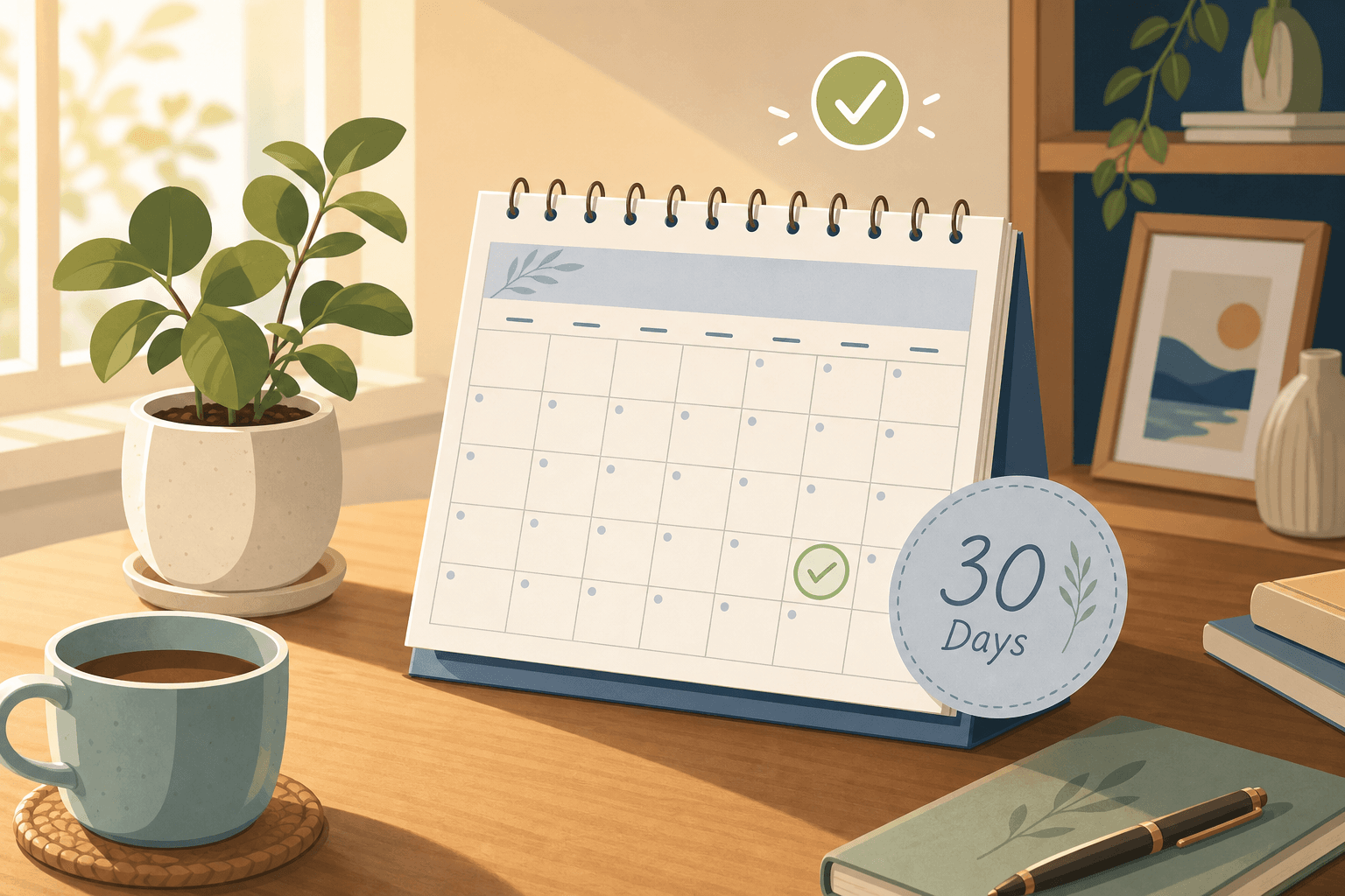 A desk calendar opened to a monthly view with '30 Days' indicated, beside a small potted plant and coffee cup.