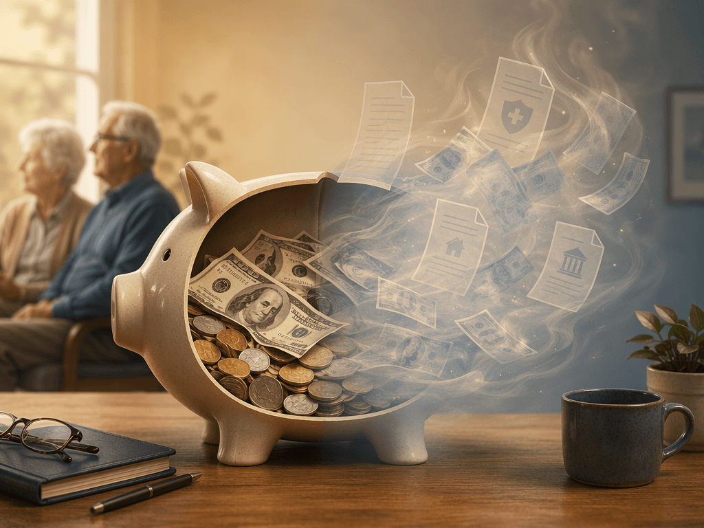 An editorial illustration of a piggy bank with coins on one side and fading money shapes drifting away on the other, representing claimed versus unclaimed benefits.