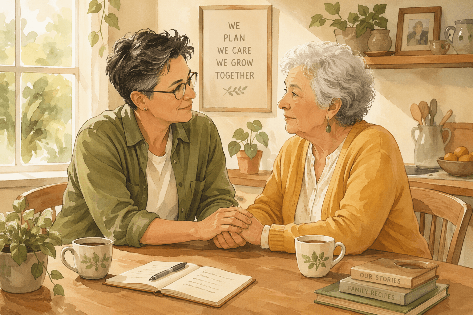 An adult child in their 40s or 50s sits at a sunlit wooden kitchen table with an elderly parent, gently holding hands.