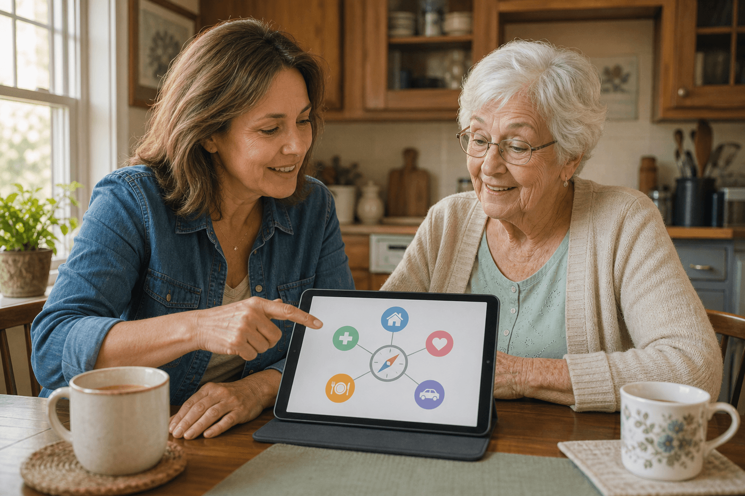 A middle-aged adult daughter and her elderly mother sit together at a warm wooden kitchen table in natural daylight. The daughter gently points at a tablet screen showing colorful icons representing in-home services, meal help, transportation, and care options connected to a central compass icon.