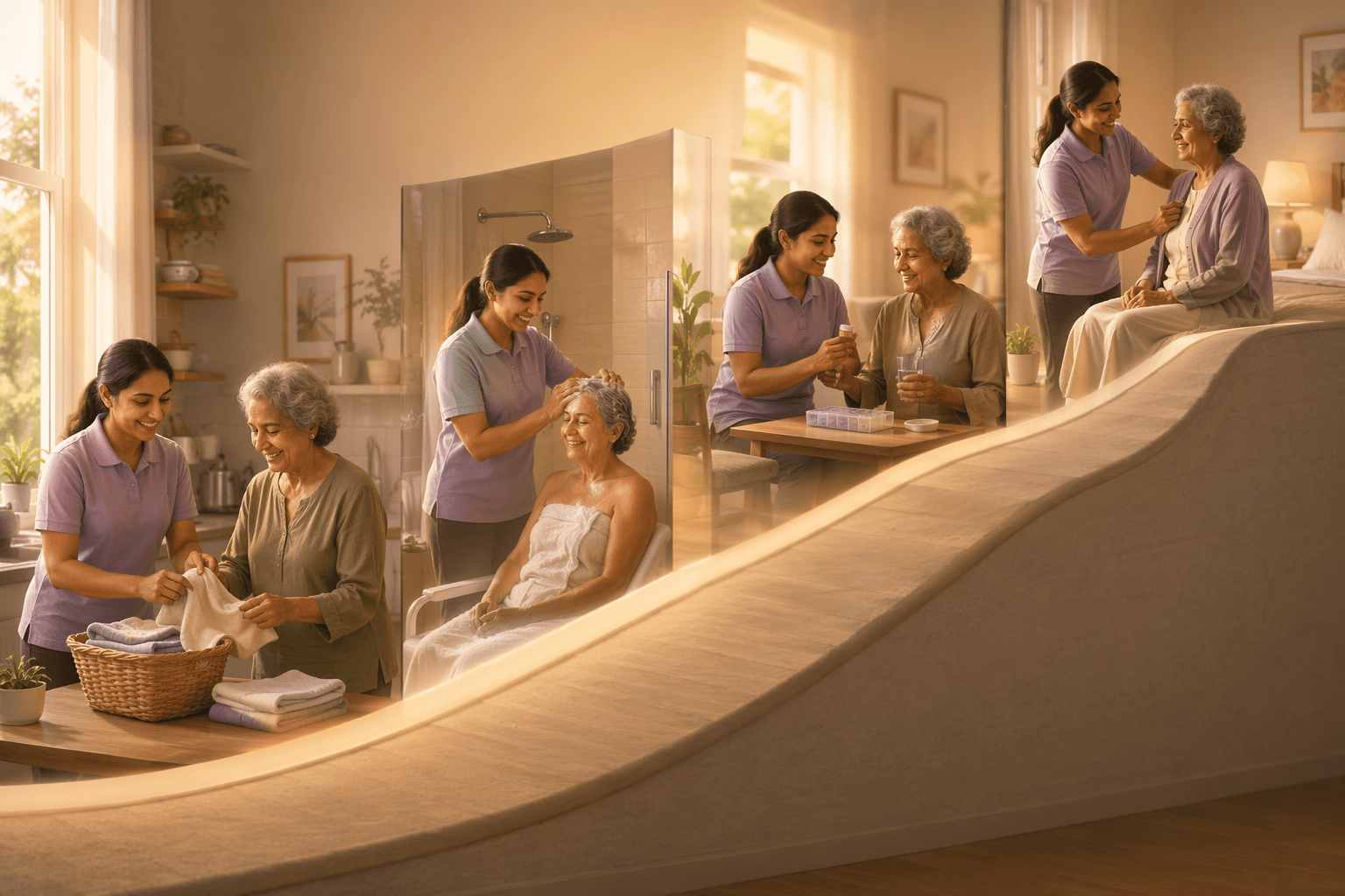 A gentle upward ramp illustration showing the gradual scaling of home care services, from light housekeeping to personal care.