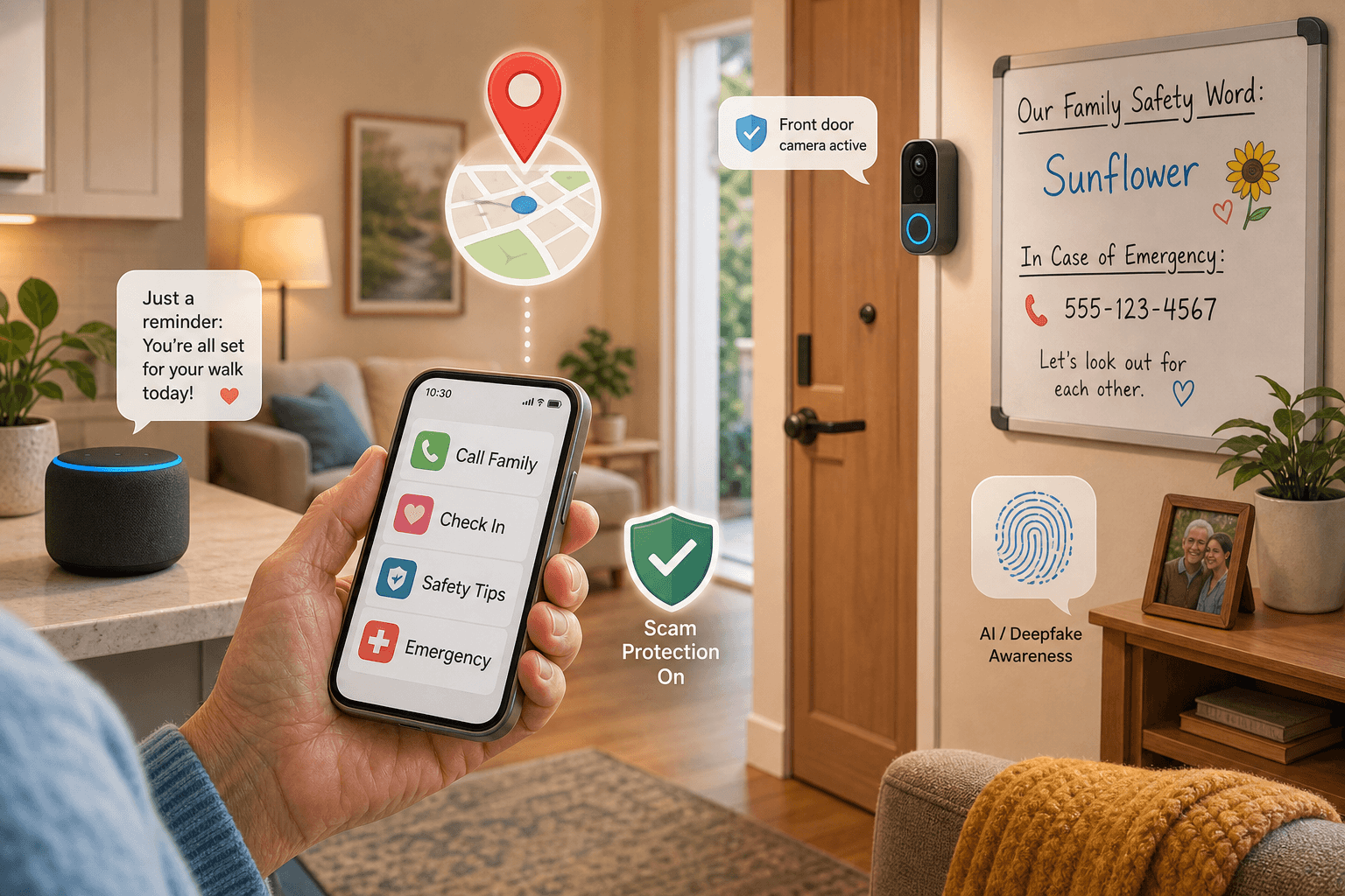 A cozy home interior with safety elements: a smartphone showing a GPS location pin, a smart doorbell camera, a smart speaker, and a whiteboard with a family safety word reminder.