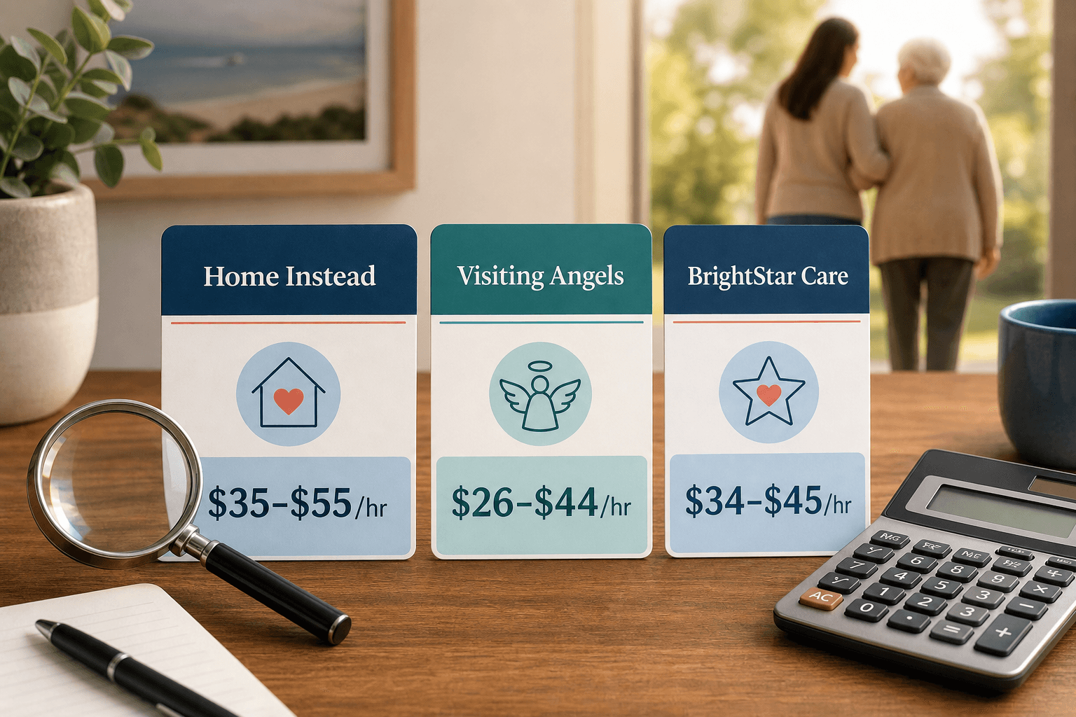 A flat-lay illustration showing three pricing comparison cards for Home Instead, Visiting Angels, and BrightStar Care with a magnifying glass and calculator on a desk.