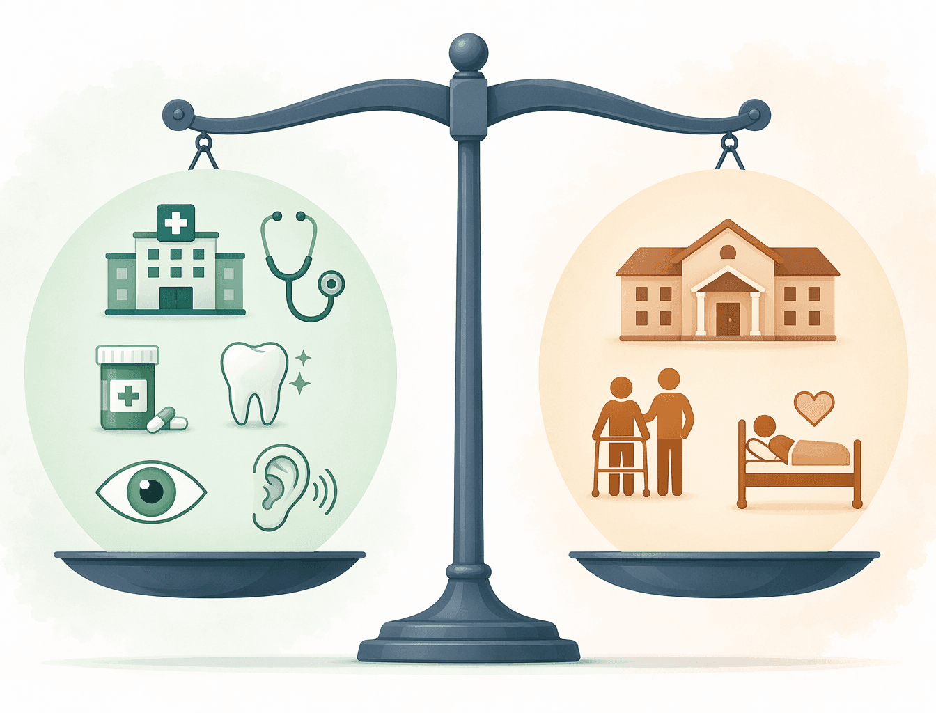 An illustration showing covered benefits on one side and coverage gaps on the other.