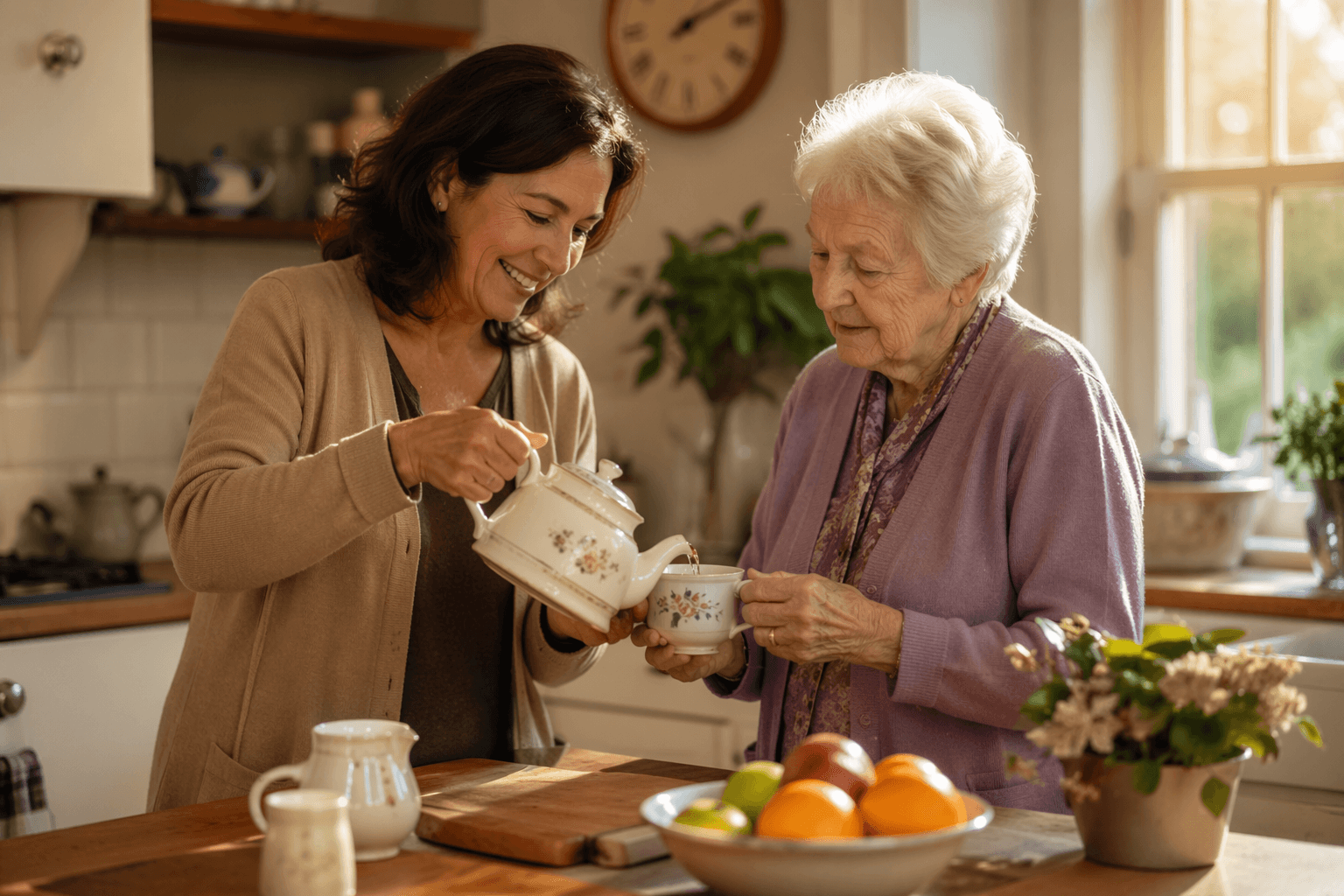 A female live-in companion and an elderly woman preparing tea together in a sunlit home kitchen.