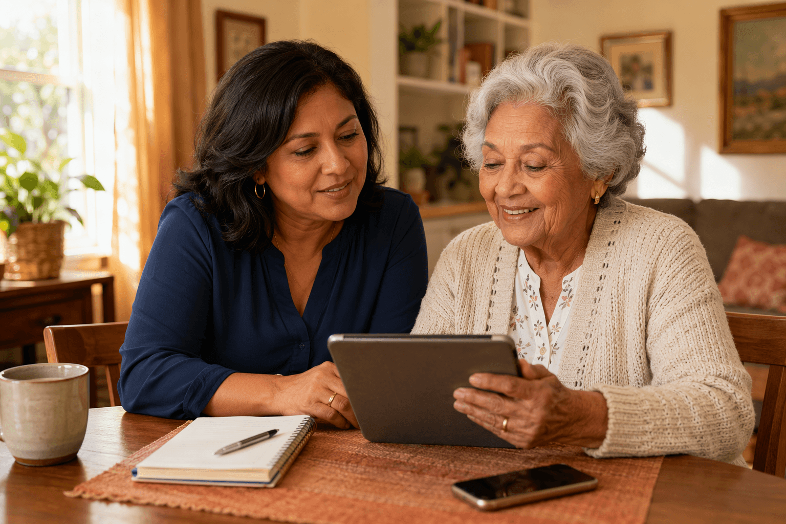 A middle-aged woman and her elderly mother sit together at a wooden kitchen table in a sunlit living room, reviewing a tablet.