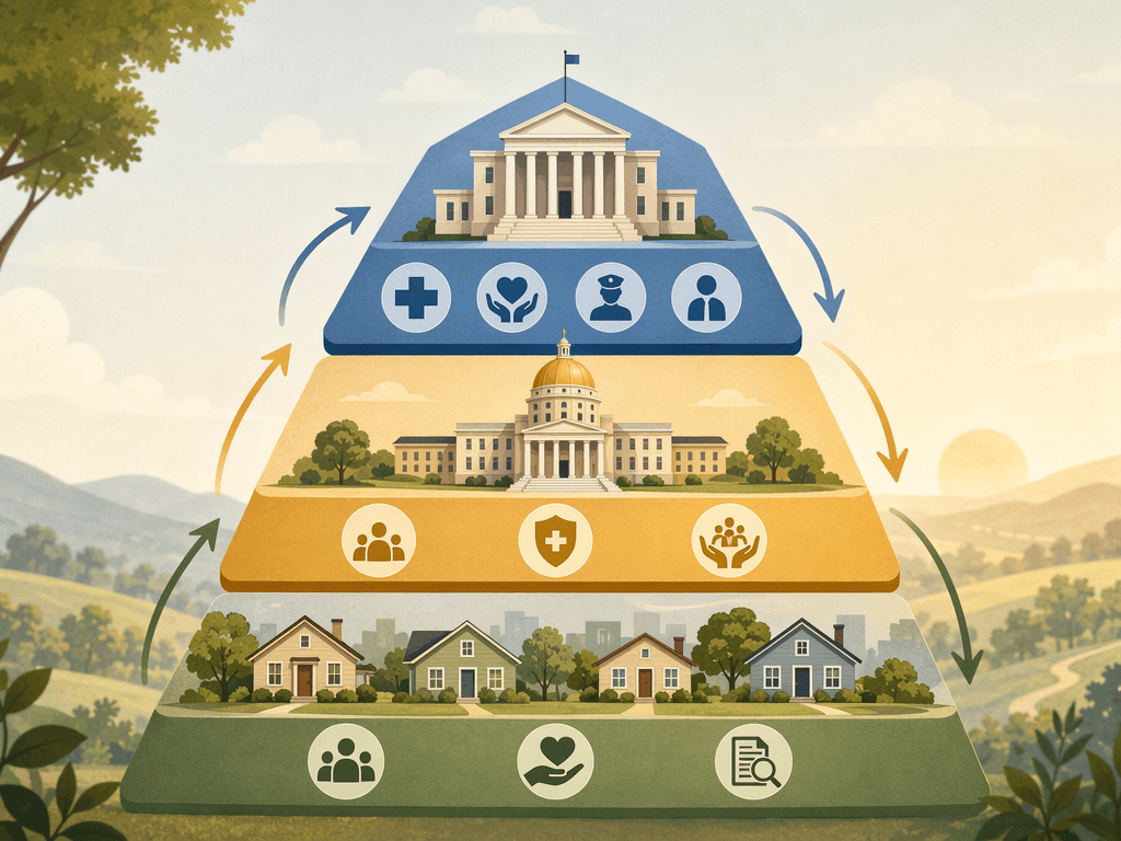 A layered editorial illustration showing a stacked program structure with federal, state, and local icons connected by arrows.