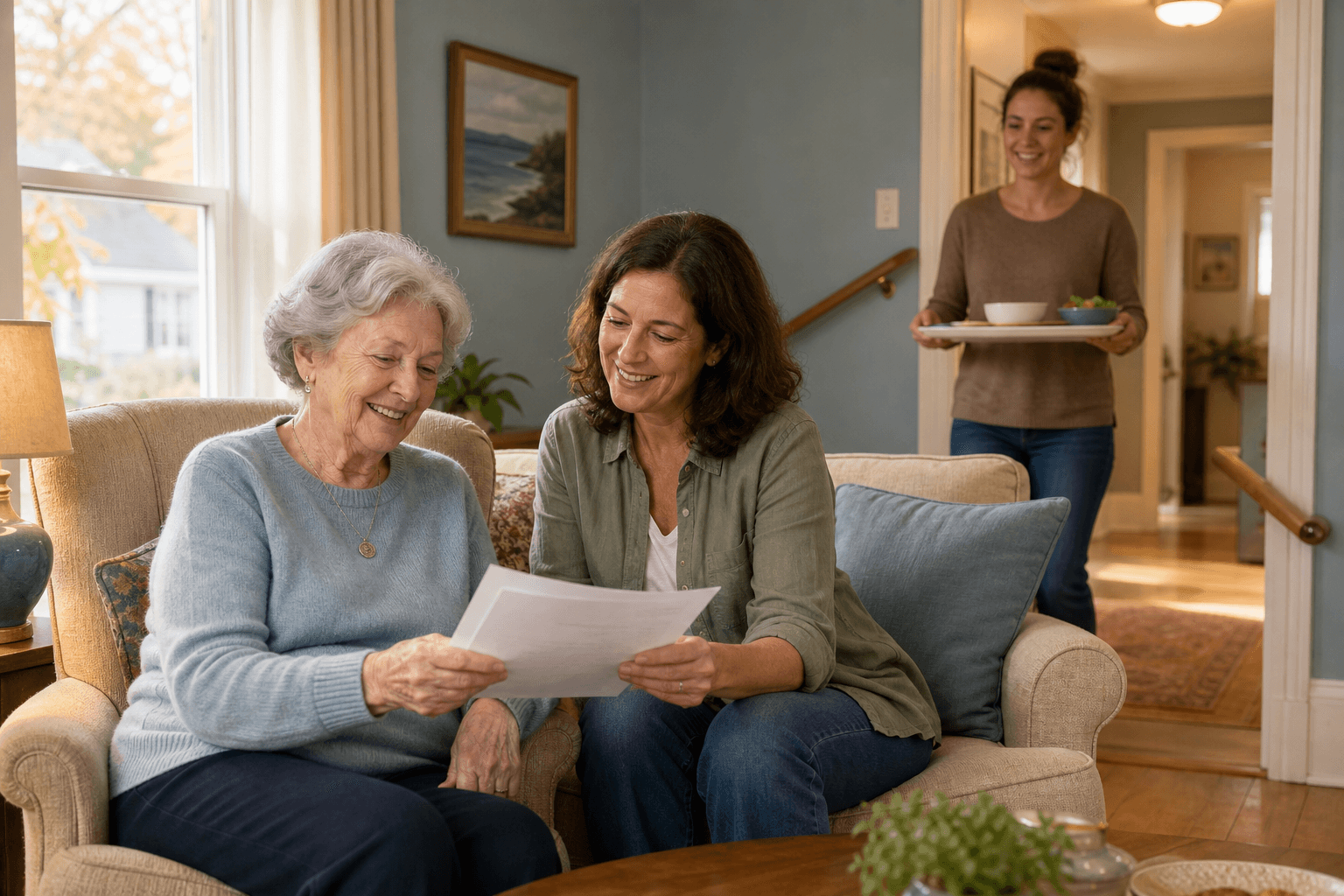 A warm, realistic illustration of a multi-generational family scene in a cozy Massachusetts home: an older woman in her 70s sits in a plush armchair beside an adult daughter reviewing papers together, while a friendly caregiver carries a meal tray in the background, with soft natural light, warm earth tones, and subtle home safety features visible.