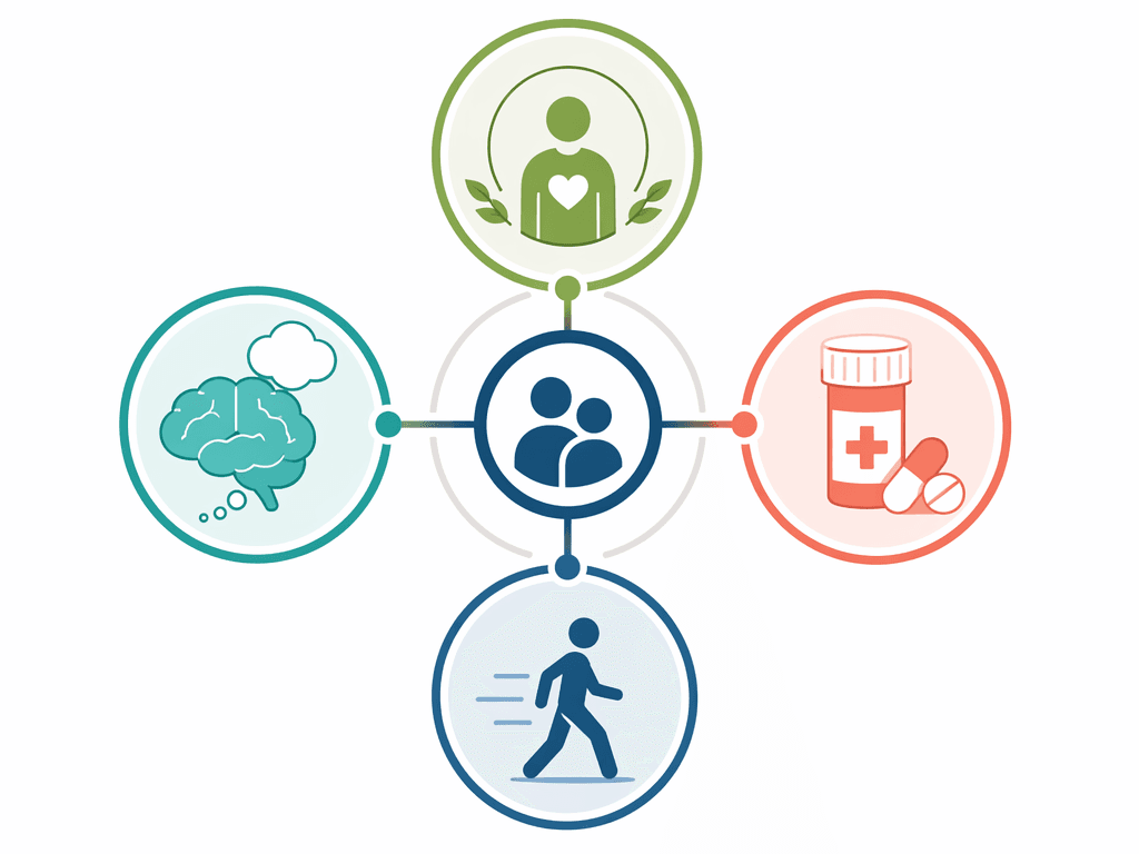 A flat vector diagram with four interconnected rounded cards arranged around a central hub, each card displaying an icon for one of the 4Ms: a heart icon (What Matters), a pill bottle icon (Medication), a brain icon (Mentation), and a walking icon (Mobility), in sage green, teal, coral, and navy on white.