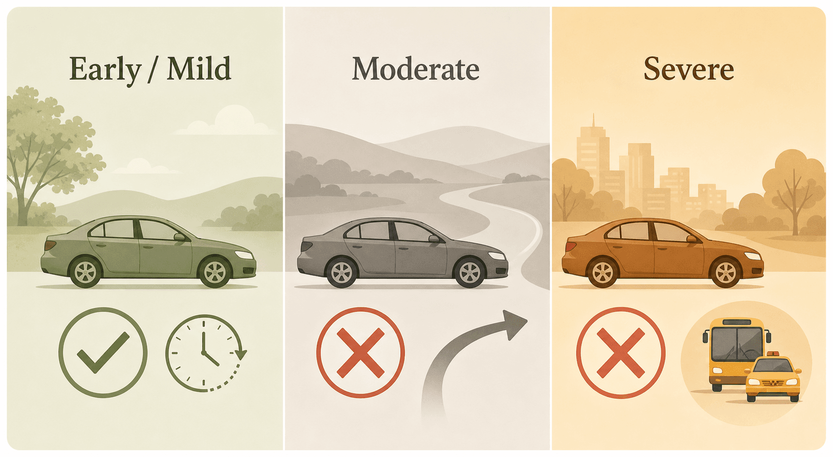 Three horizontal panels in warm earth tones showing dementia stage progression for driving decisions — early/mild with checkmark and clock, moderate with red X and turning arrow, severe with bold red X and transportation alternatives icon.