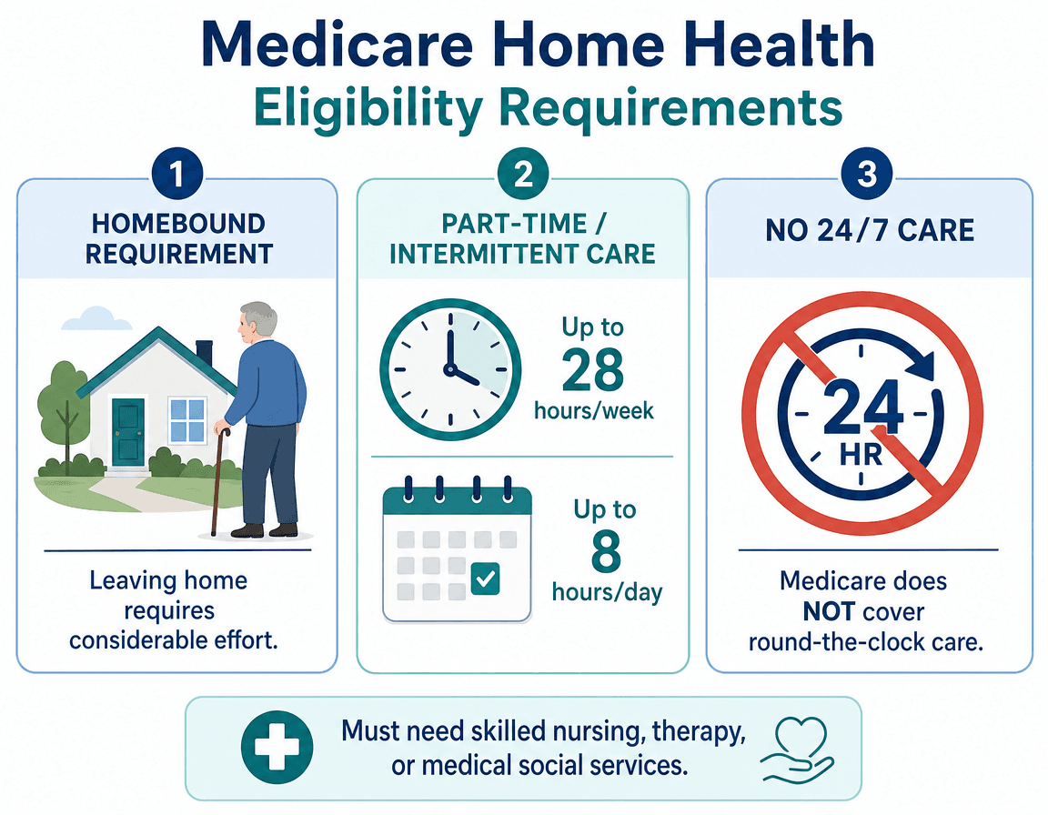 Three-panel Medicare home health eligibility infographic: Panel 1 shows a house icon with 'Homebound Requirement — leaving home requires considerable effort,' Panel 2 shows a clock and calendar with 'Part-Time / Intermittent — up to 28 hours/week,' and Panel 3 shows a stop symbol over a 24-hour clock with 'No 24/7 Care.'