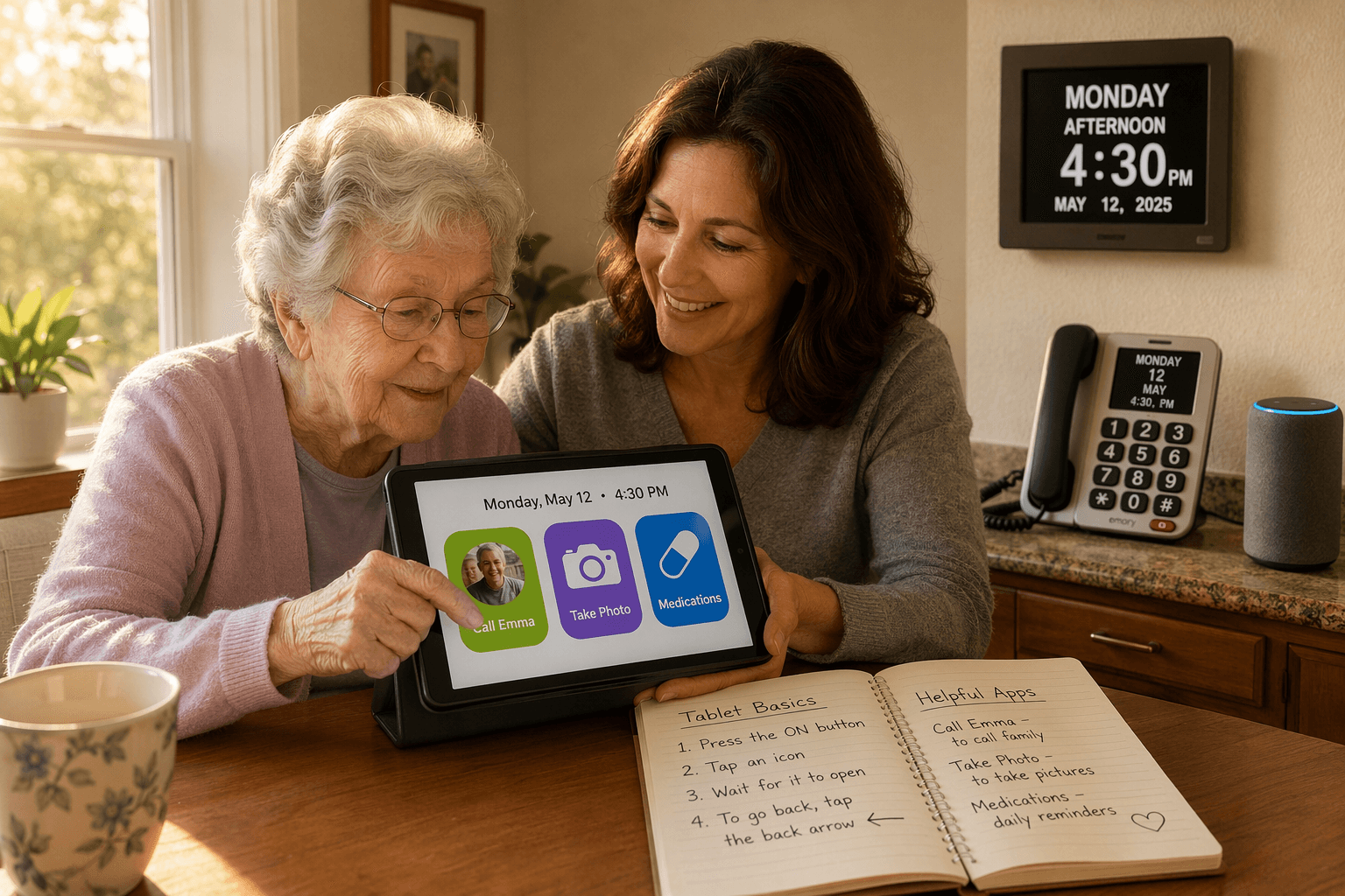 A middle-aged daughter gently guides her older mother's hand on a simplified tablet with large, colorful icons at a sunlit kitchen table, with an open handwritten step-guide notebook beside them.