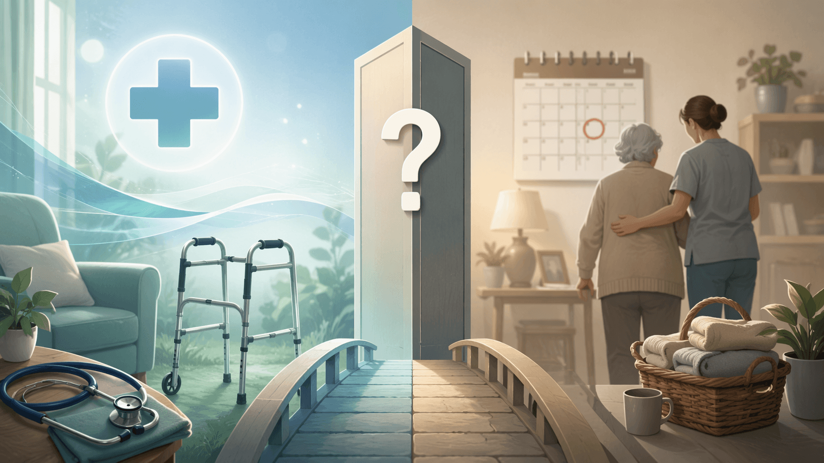 A split-scene editorial illustration showing a symbolic transition: left side in soft blue-green tones with a stethoscope, walker, and medical cross representing Medicare-covered home health; right side in muted warm grays showing a caregiver helping an older adult at home with daily tasks and a circled calendar date, with a door-like divide between them marked by a question mark.
