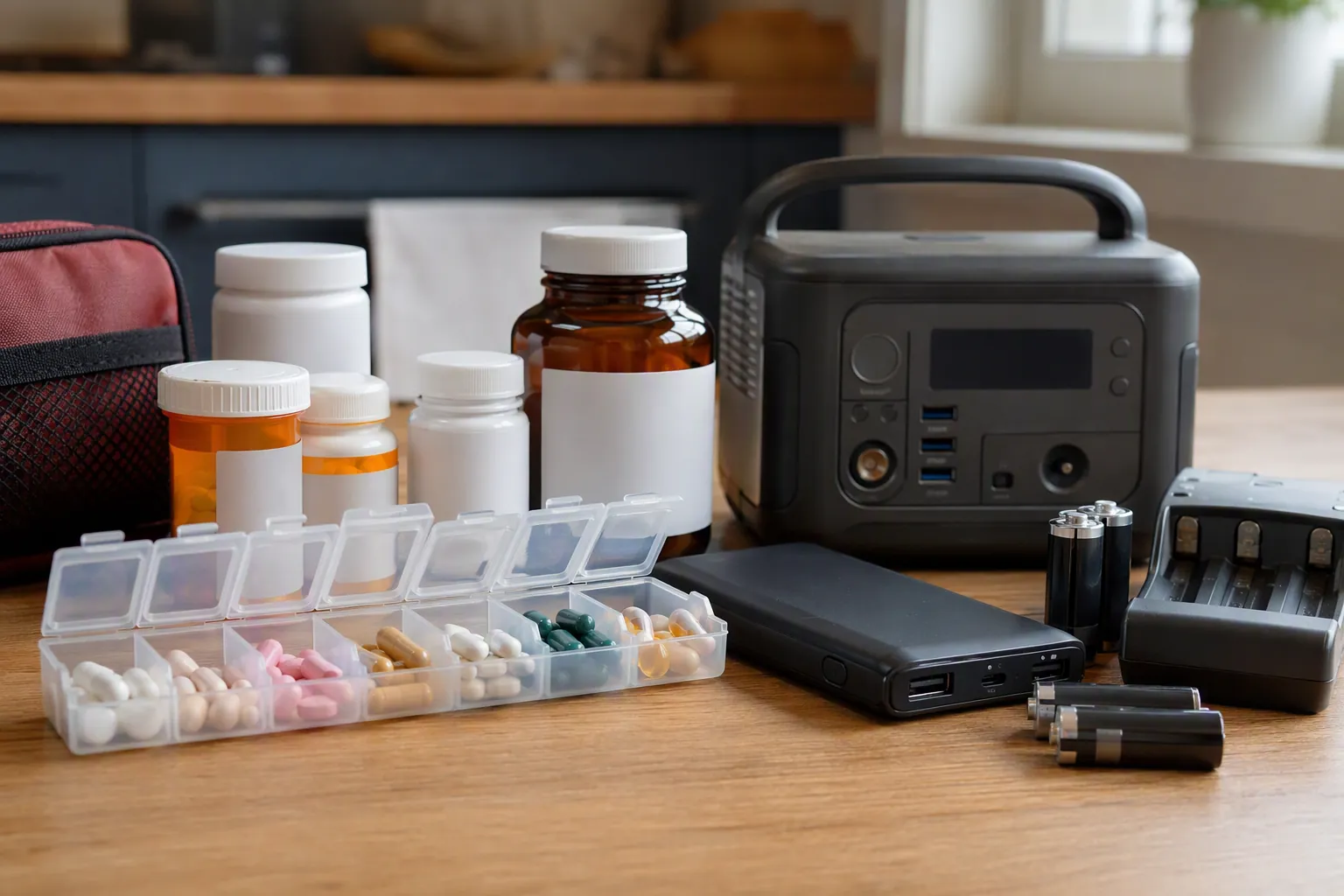 Emergency medication station with pill organizer, medicine bottles, power bank, spare batteries, and charger on a kitchen table