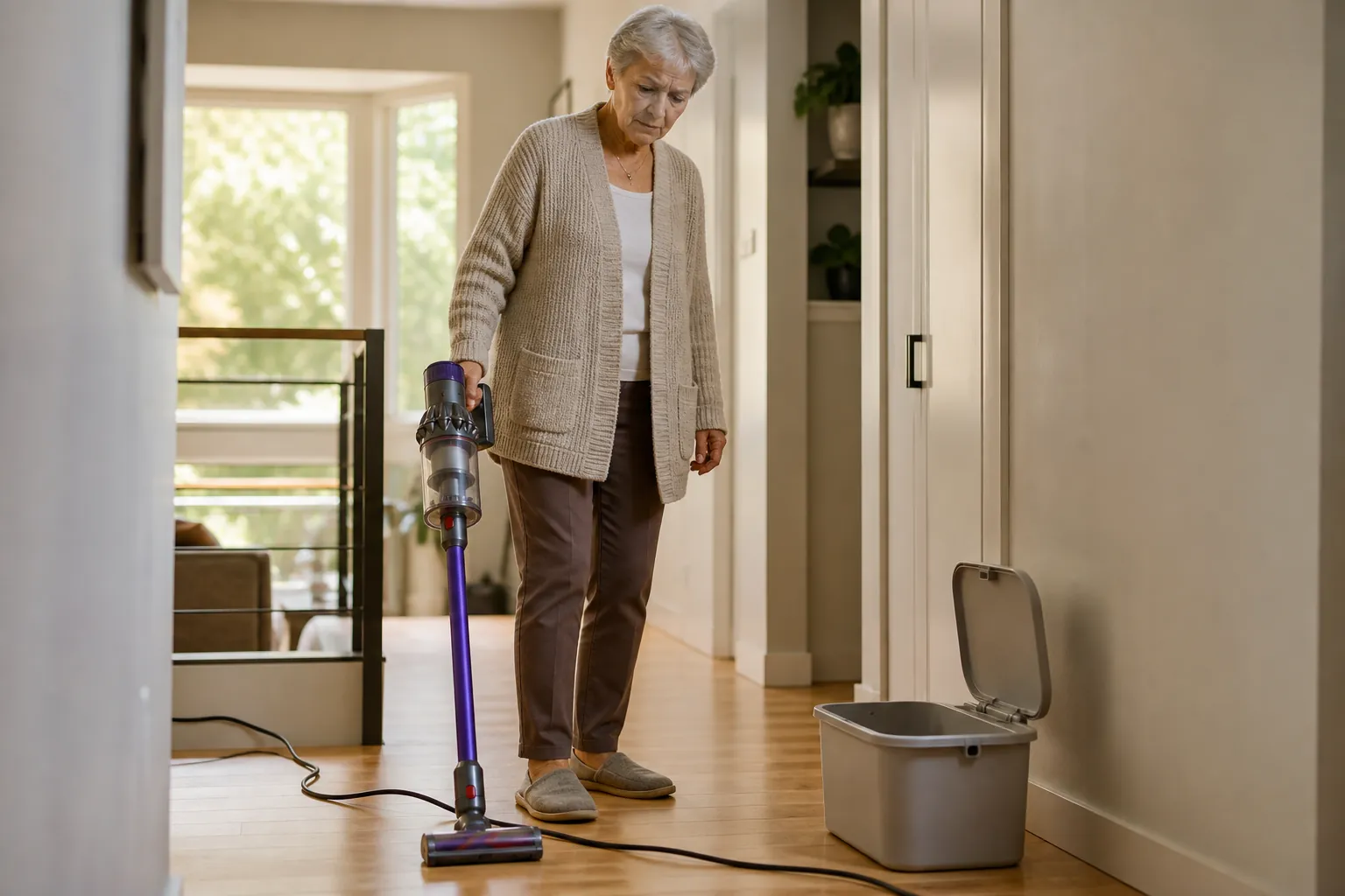 Older adult holding a cordless stick vacuum in a hallway with a cord on the floor and a dustbin nearby