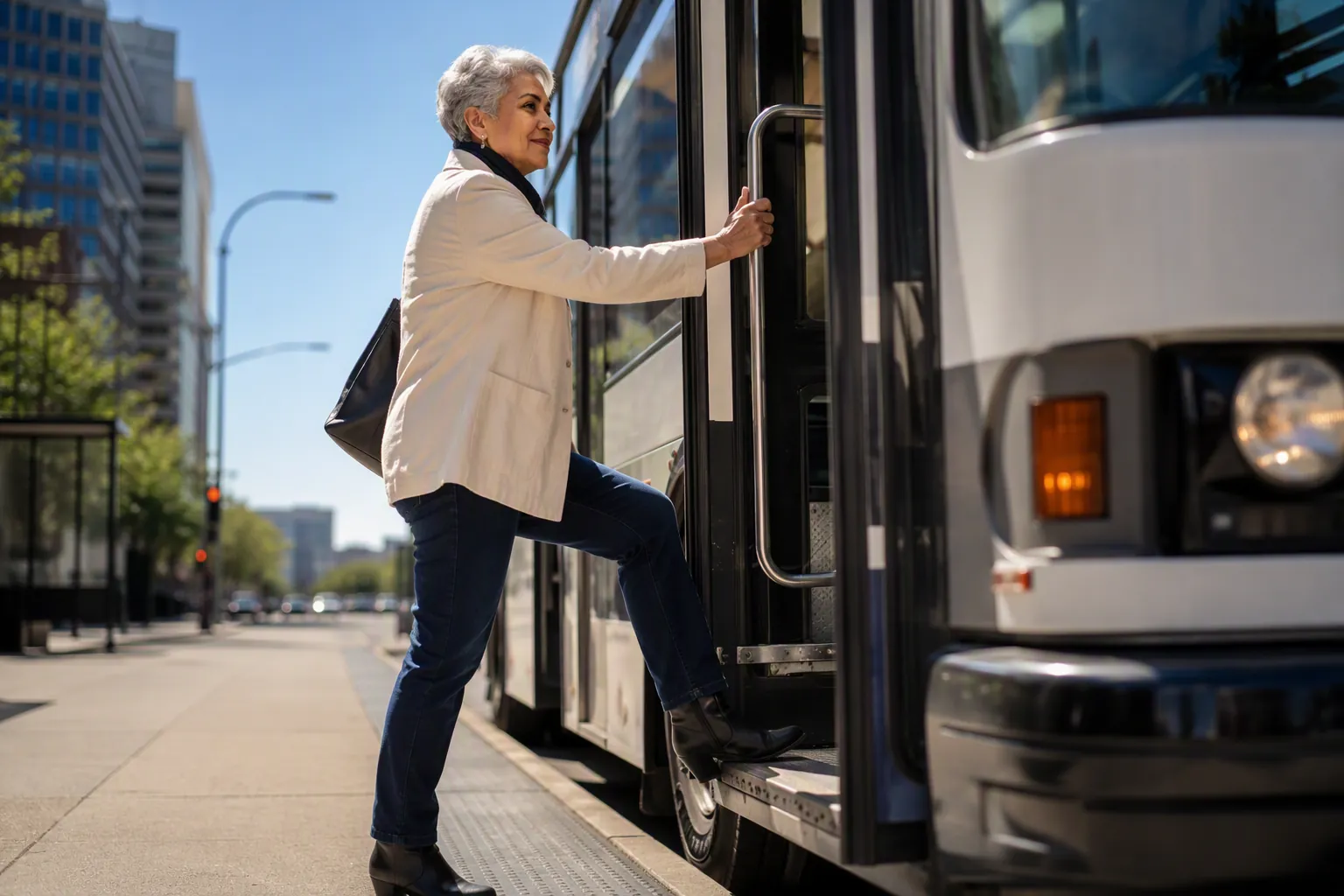 Older woman boarding a kneeling city bus while holding the doorway handrail