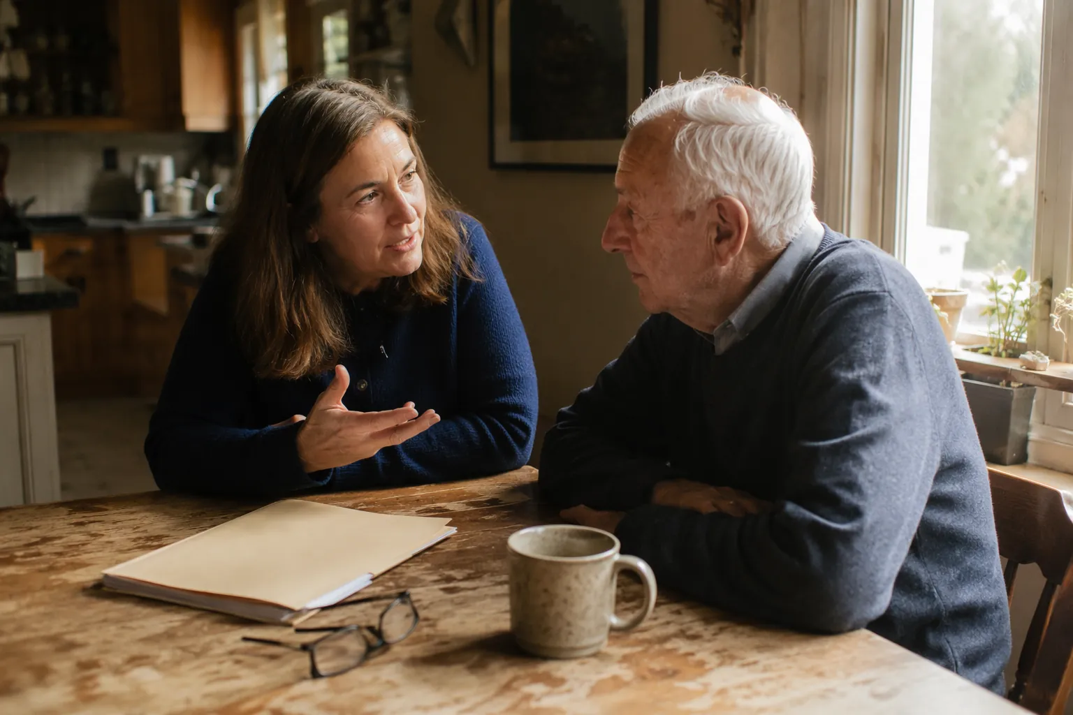 Adult daughter and elderly father reviewing paperwork at a kitchen table