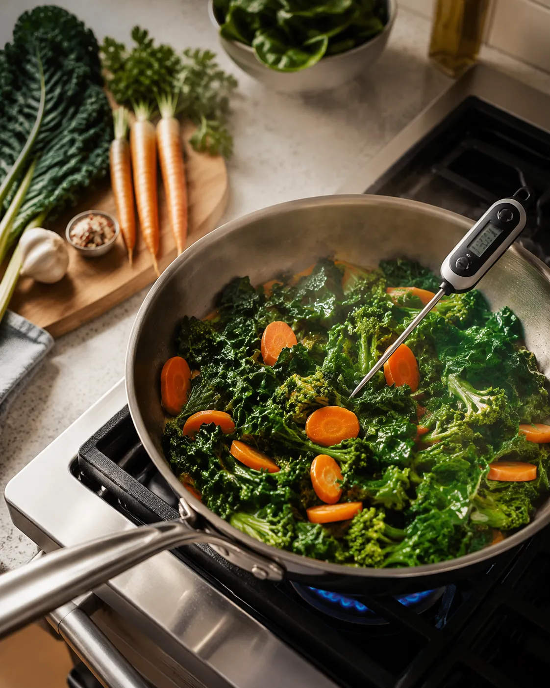 Leafy greens heating in a pan with a cooking thermometer visible on a stovetop