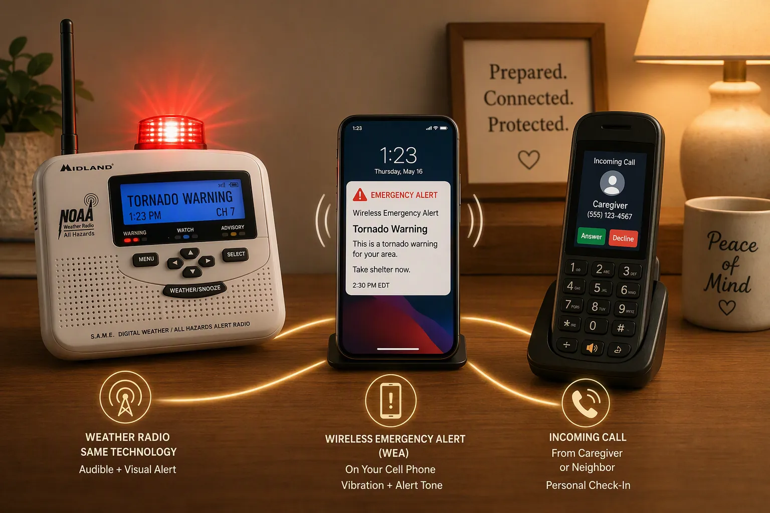 Three tornado alert layers on a bedside table: NOAA weather radio with strobe, smartphone WEA warning, and caregiver call