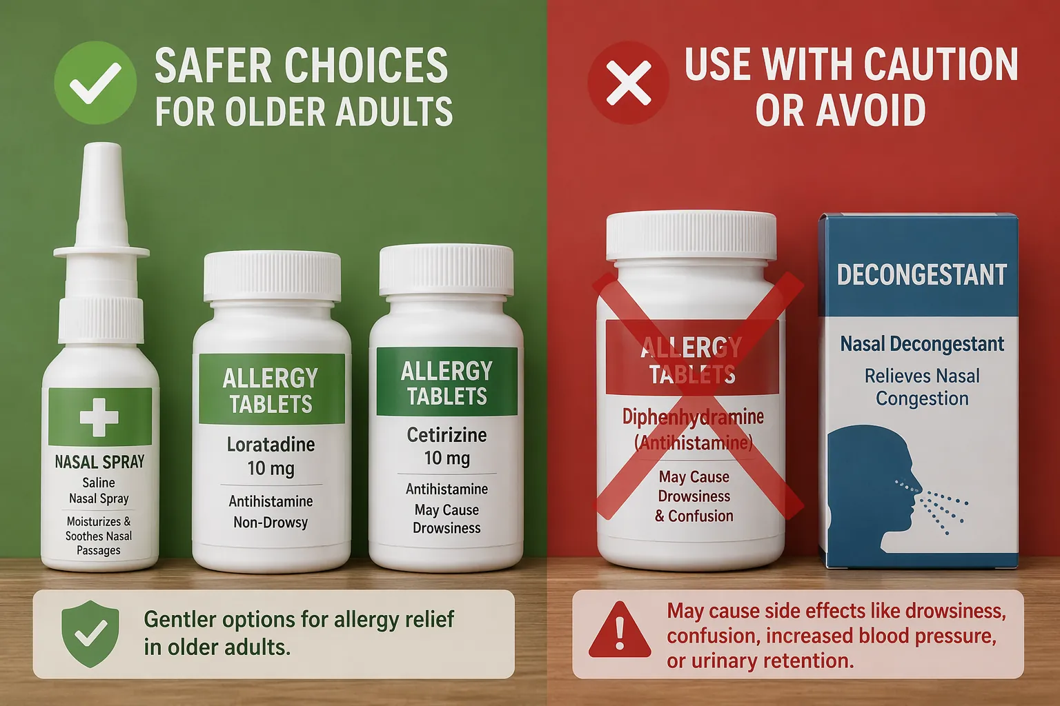 Safe allergy medication alternatives shown separately from products to avoid