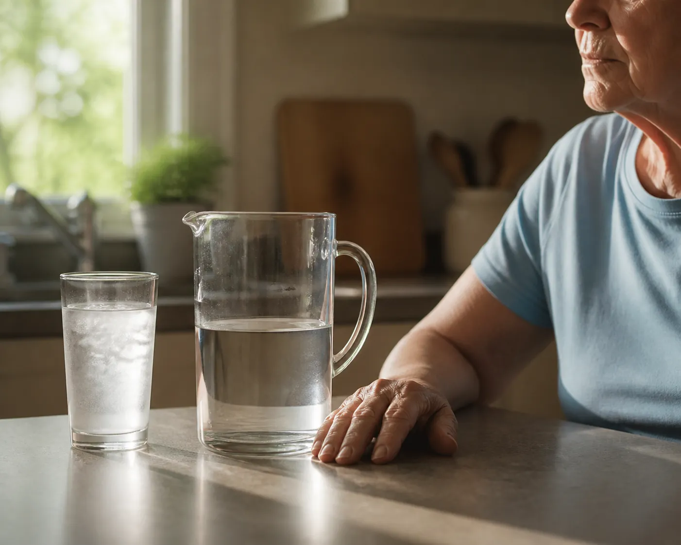 Measuring jug and glass of ice water beside an older adult's hand on a sunlit kitchen counter