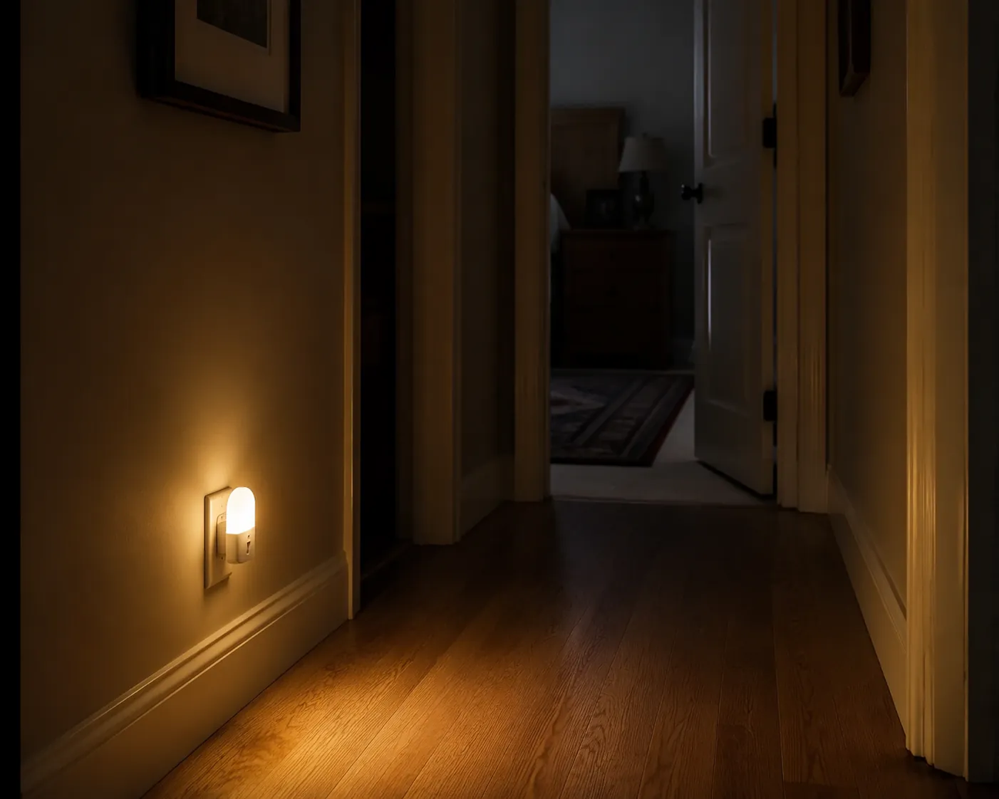 Motion-activated night light illuminating a dark hallway with hardwood flooring