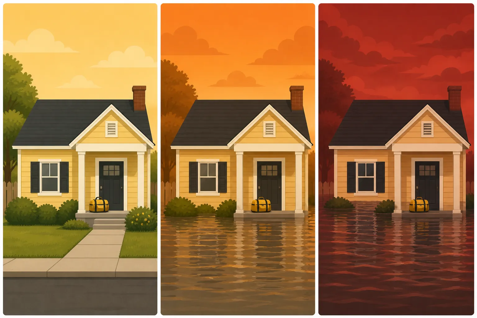 Three-panel illustration of a suburban house beside rising floodwater, from dry conditions to shallow yard flooding to deeper water at the windows