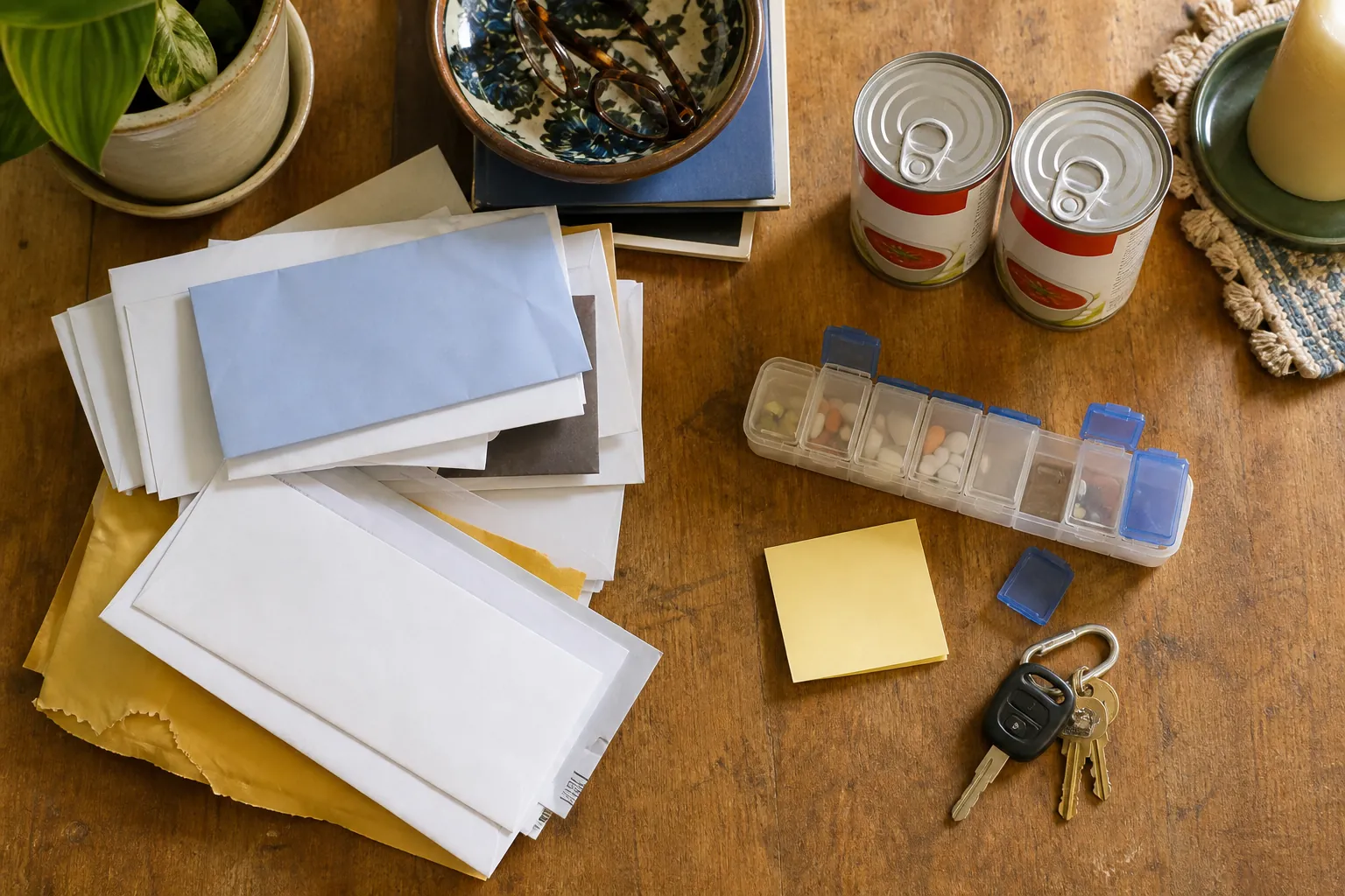 Unopened mail, duplicate soup cans, pill organizer, sticky note, and keys on a wooden table