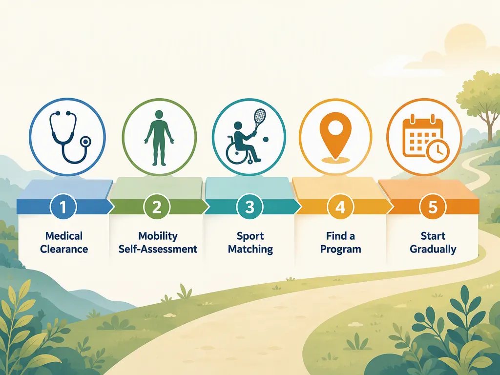 Five-step pathway showing medical clearance, mobility self-assessment, sport matching, finding a program, and starting gradually