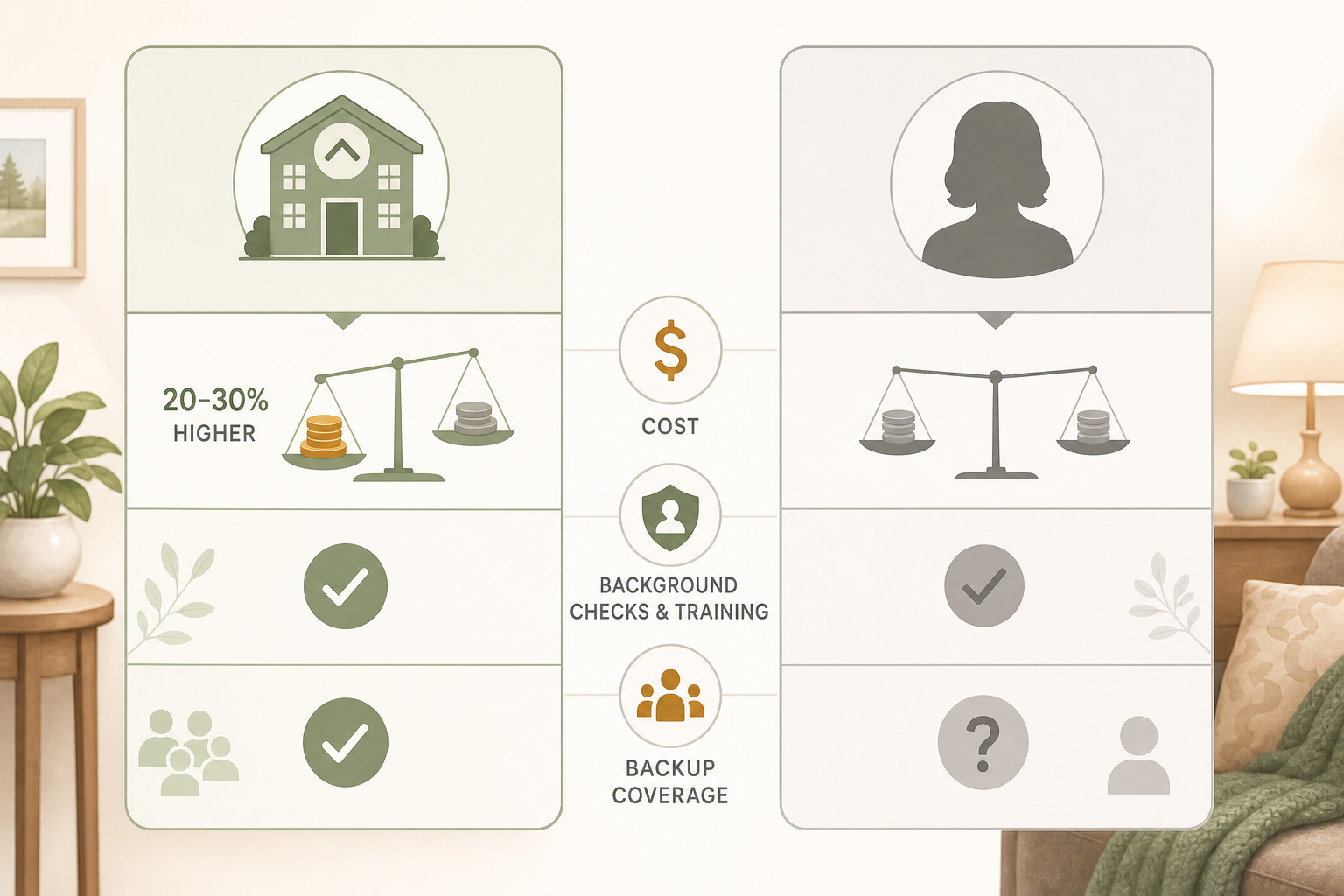 A side-by-side comparison showing an agency column with a higher cost scale and checkmarks for background checks and training, and an independent column with a question mark for backup coverage.