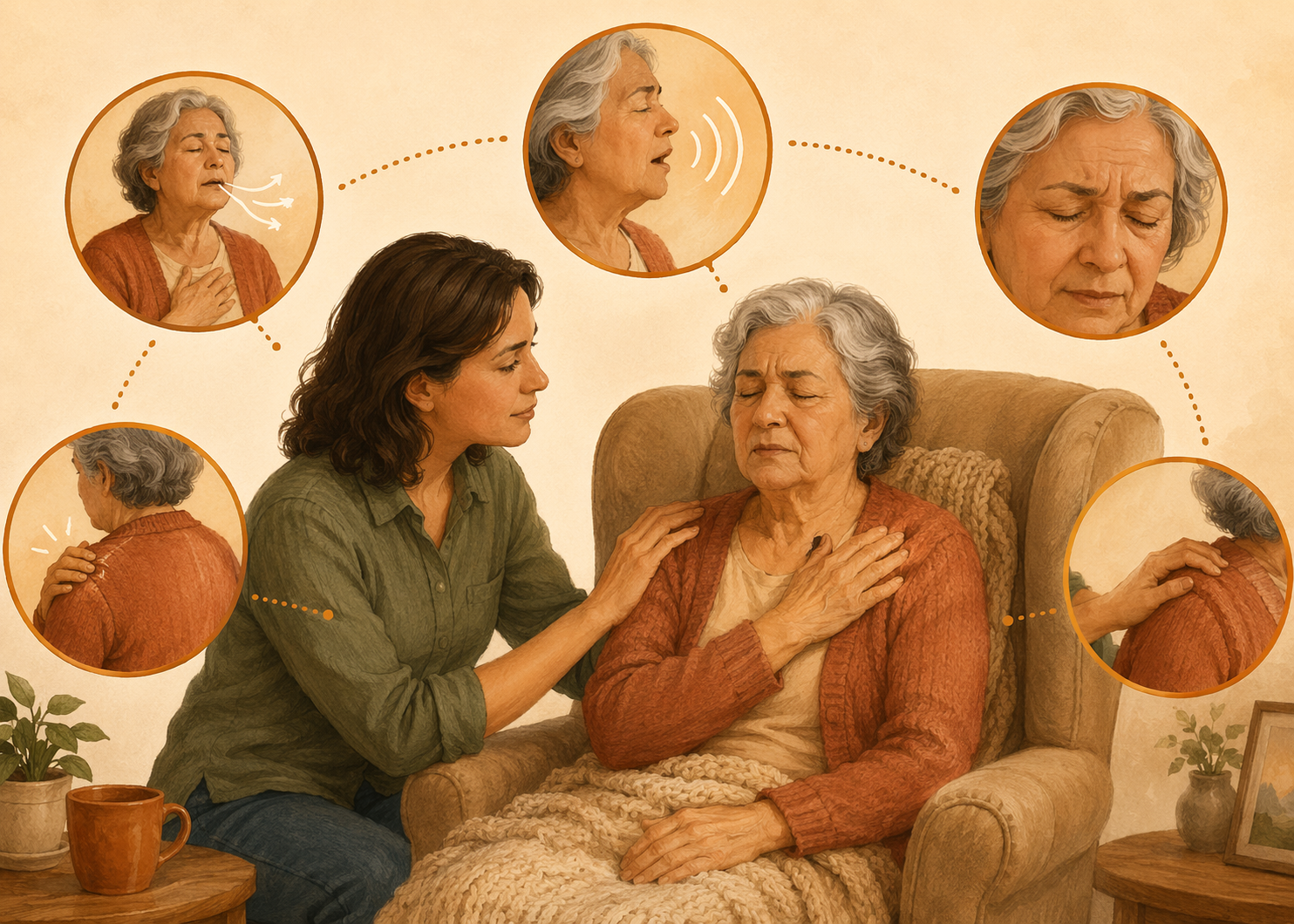 A warm-toned editorial illustration showing a caregiver seated beside an older parent in an armchair, with five subtle behavioral observation zones radiating outward.