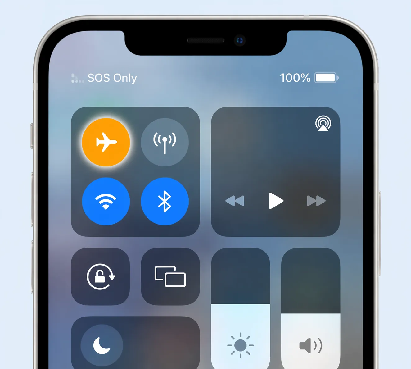 iPhone Control Center with the orange Airplane Mode icon highlighted
