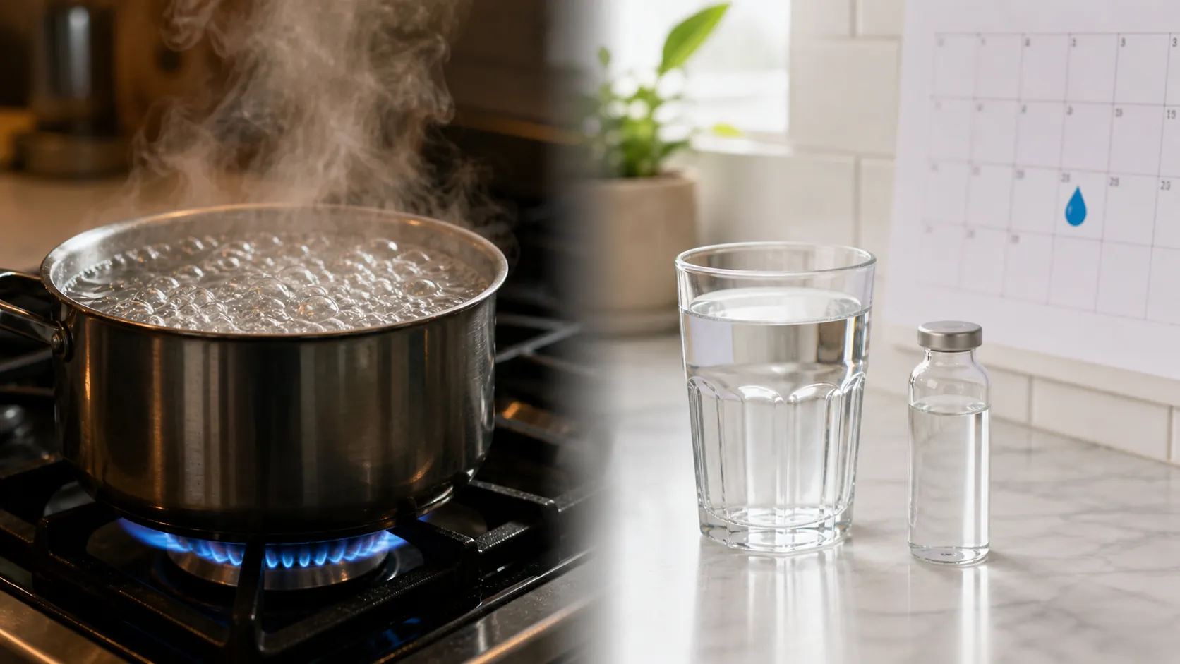 Split kitchen scene with boiling water on one side and a water sample vial with a marked calendar on the other