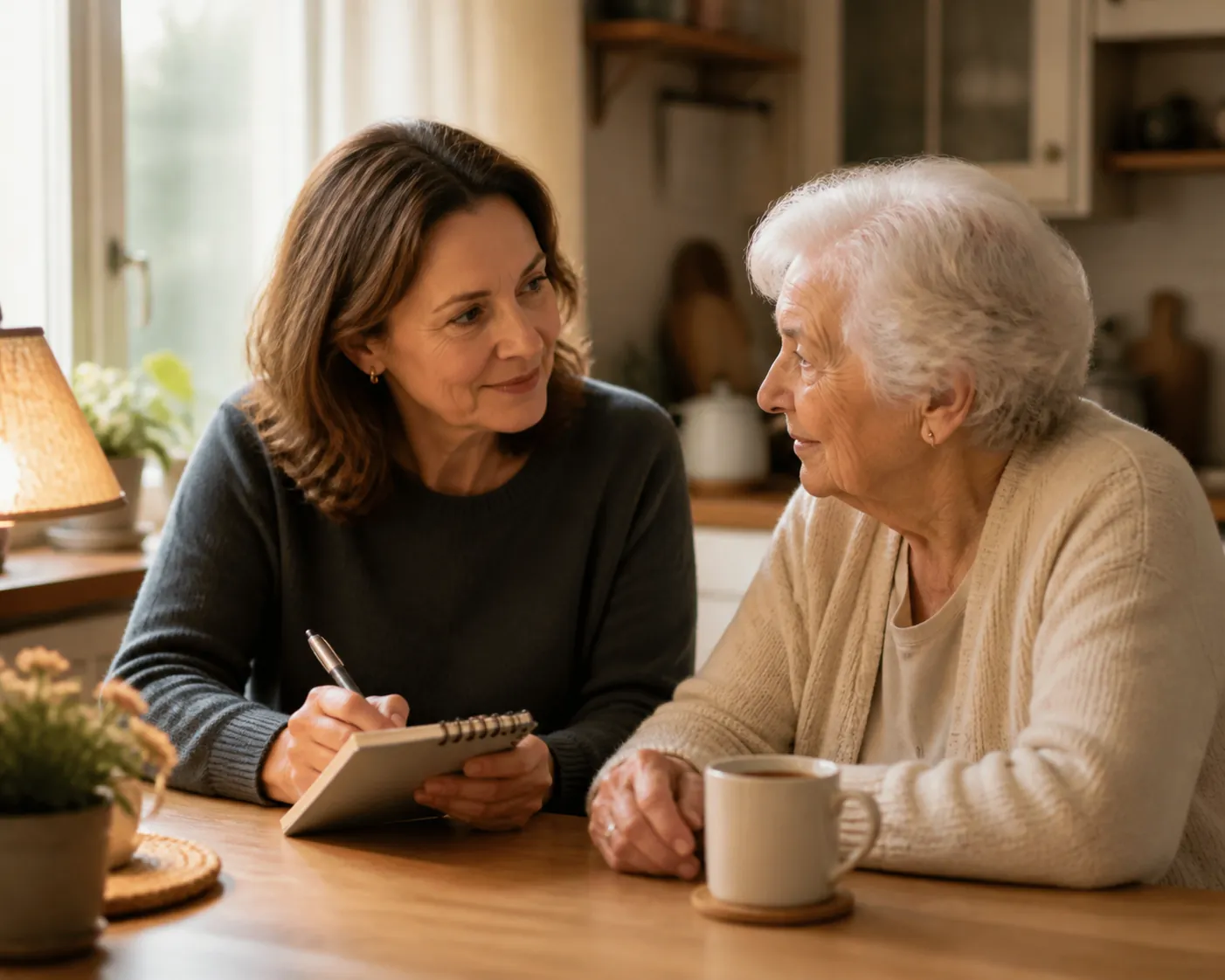 Adult daughter and elderly mother talking calmly at a kitchen table with a notebook and tea