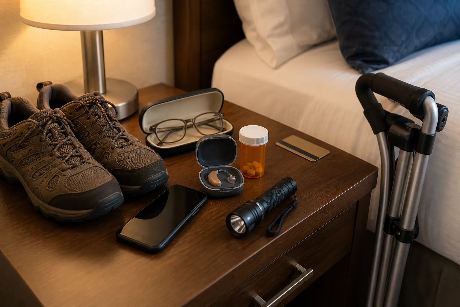 Senior travel preparedness items on a hotel nightstand including shoes, glasses, hearing aid case, medication, phone, flashlight, and cane