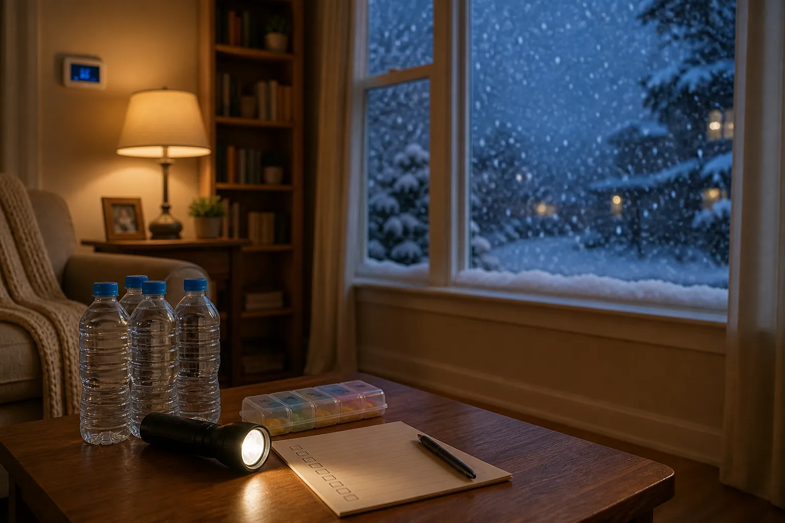 A warm living room prepared for winter weather with a thermostat, bottled water, flashlight, pill organizer, and checklist while snow falls outside