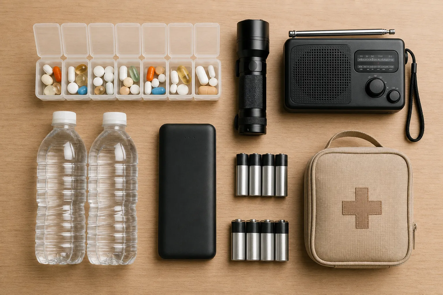 Seven-day emergency kit with pill organizer, flashlight, radio, water, power bank, batteries, and first-aid pouch