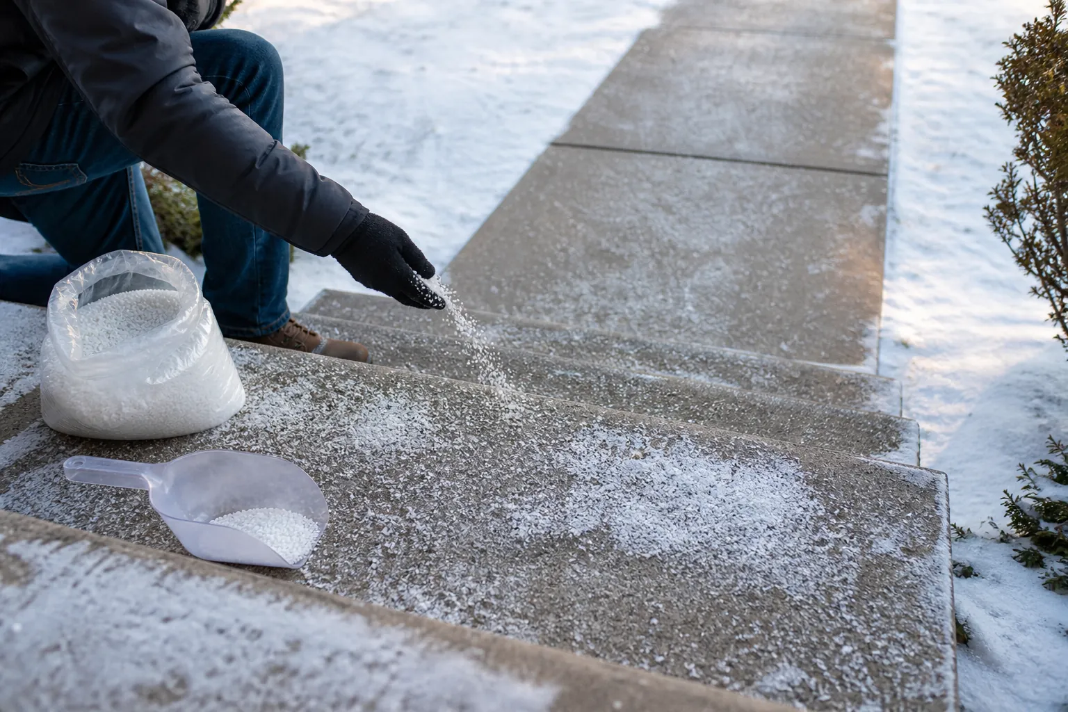 Gloved hands spreading ice melt on snowy front steps and walkway