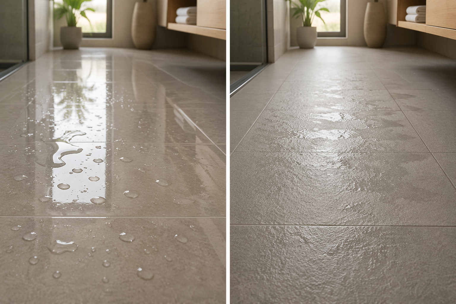 Split comparison of two bathroom floor tile textures: glossy polished tile on one side with water beading on the surface suggesting higher slip risk, and matte textured tile on the other side with water dispersed evenly indicating better slip resistance.