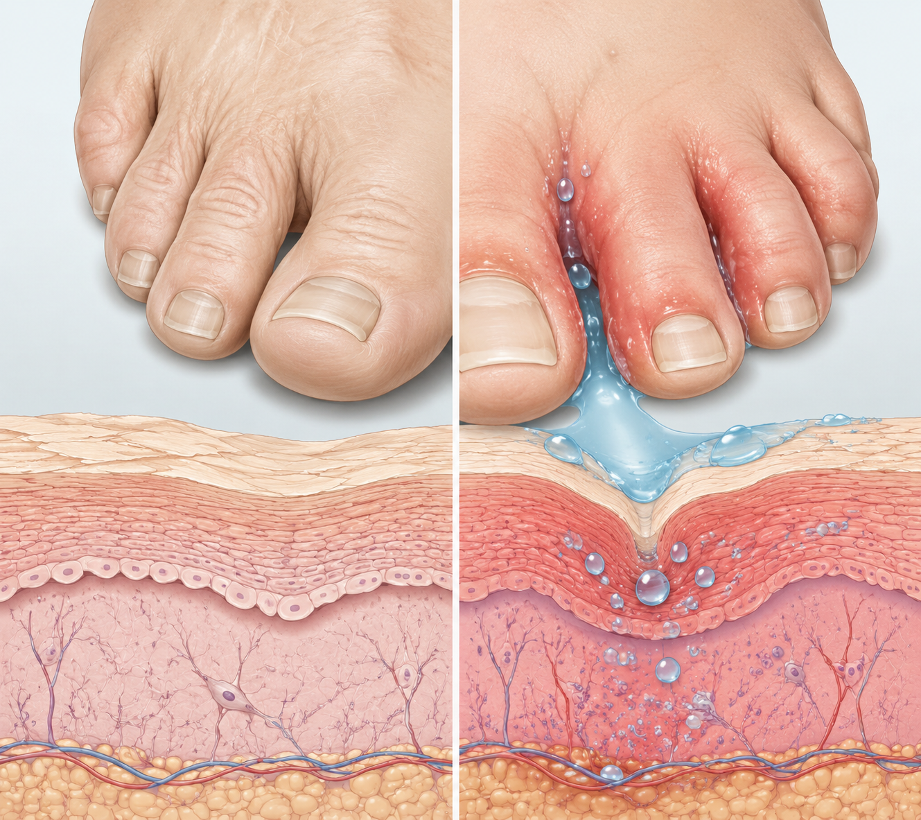 Illustration of aging skin with reduced sebum, thinner epidermis, trapped moisture, and inflammation in skin folds