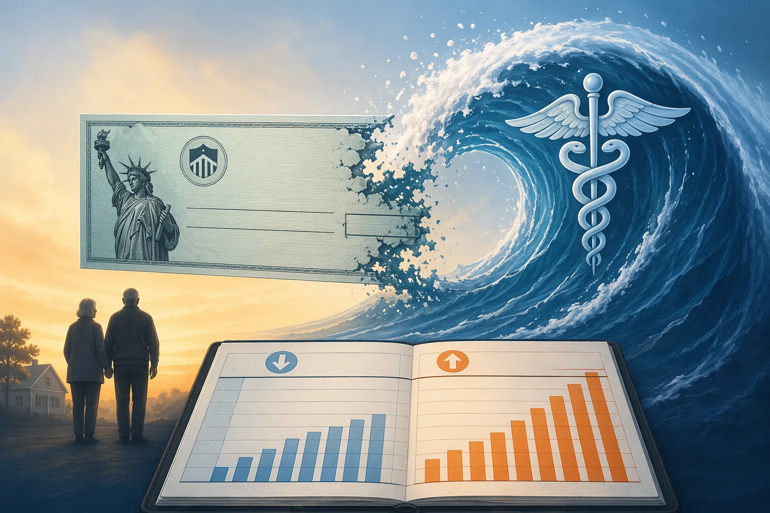 Illustration of a Social Security benefit check partly consumed by rising Medicare costs with a household ledger below