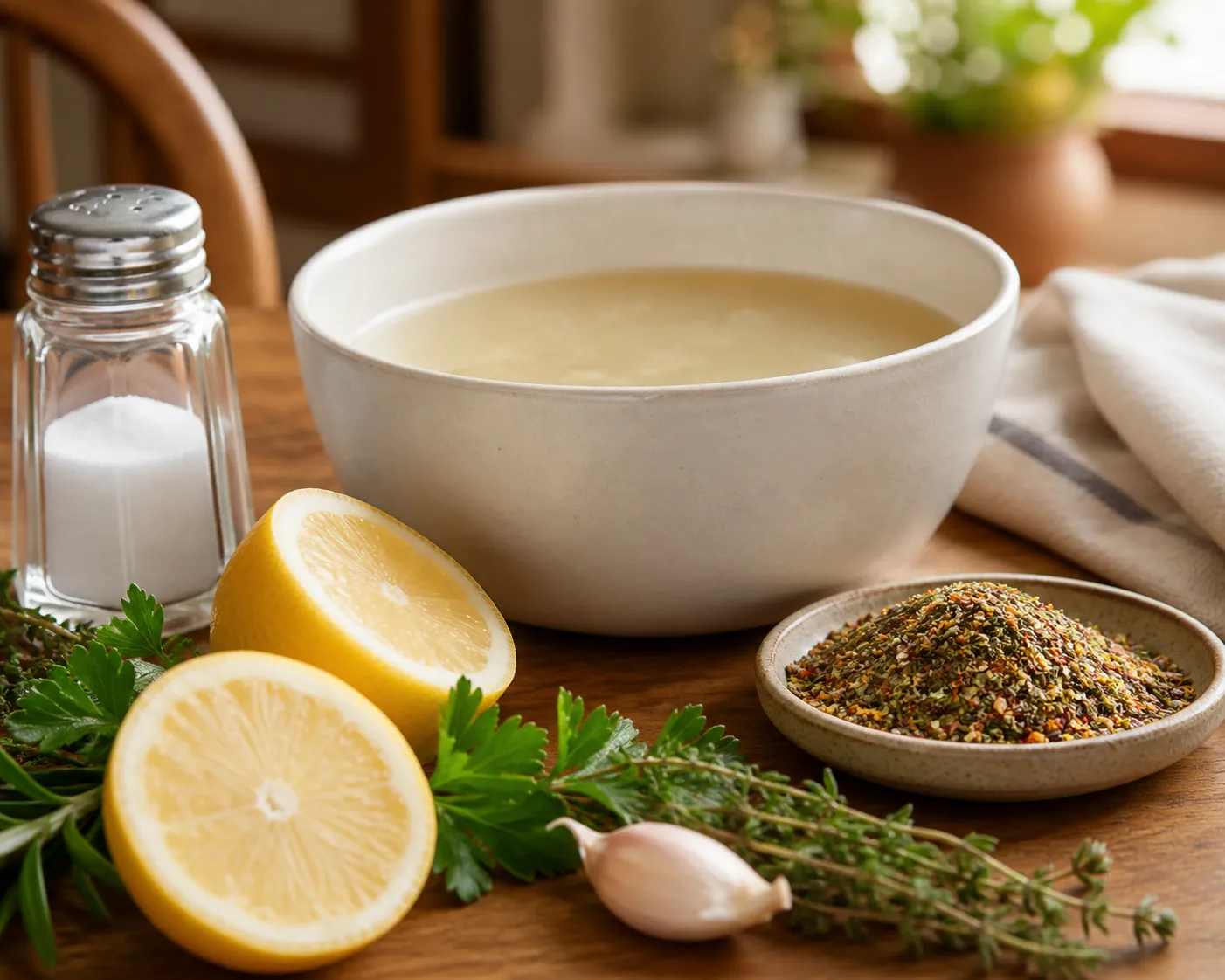 A salt shaker pushed aside beside plain soup, lemon, herbs, garlic, and a colorful spice blend on a home dinner table