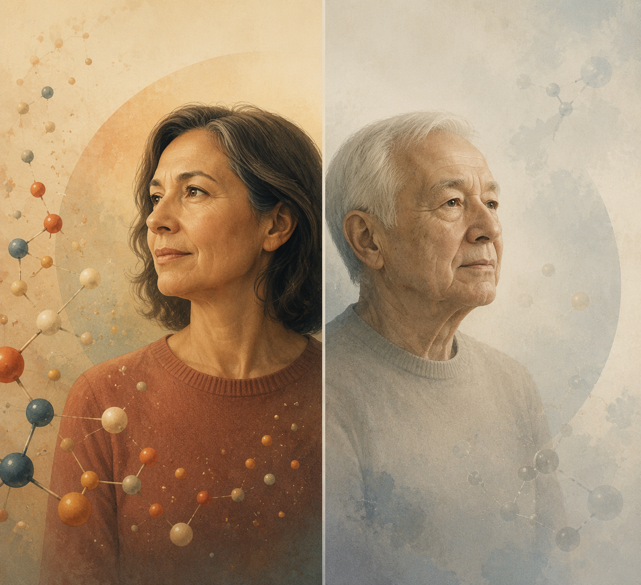 Split illustration of a middle-aged person and an older person representing age-differentiated findings