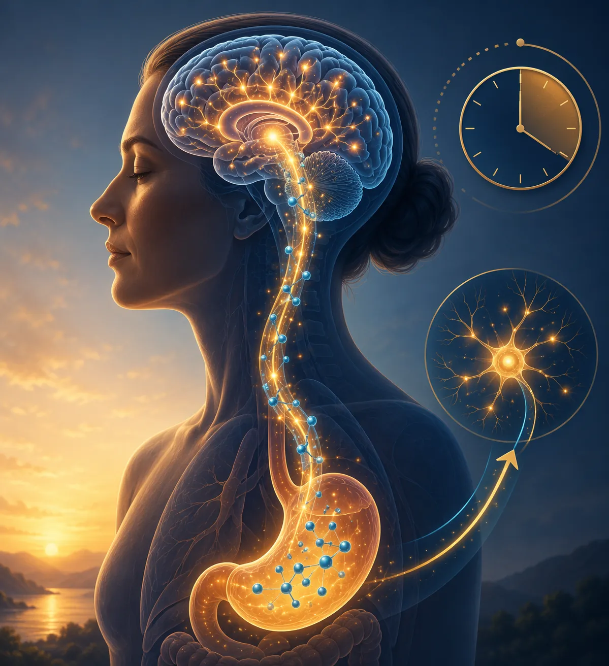 Human brain and stomach silhouette with glowing pathways and ketone body dots moving toward the brain