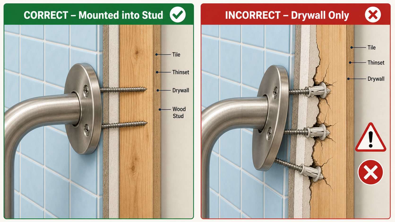 Side-by-side comparison illustration showing a correct grab bar installation with screws into a wooden stud (checkmark) versus an incorrect installation with drywall anchors pulling out, tile cracking, and the flange tilting (X icon and warning symbol).