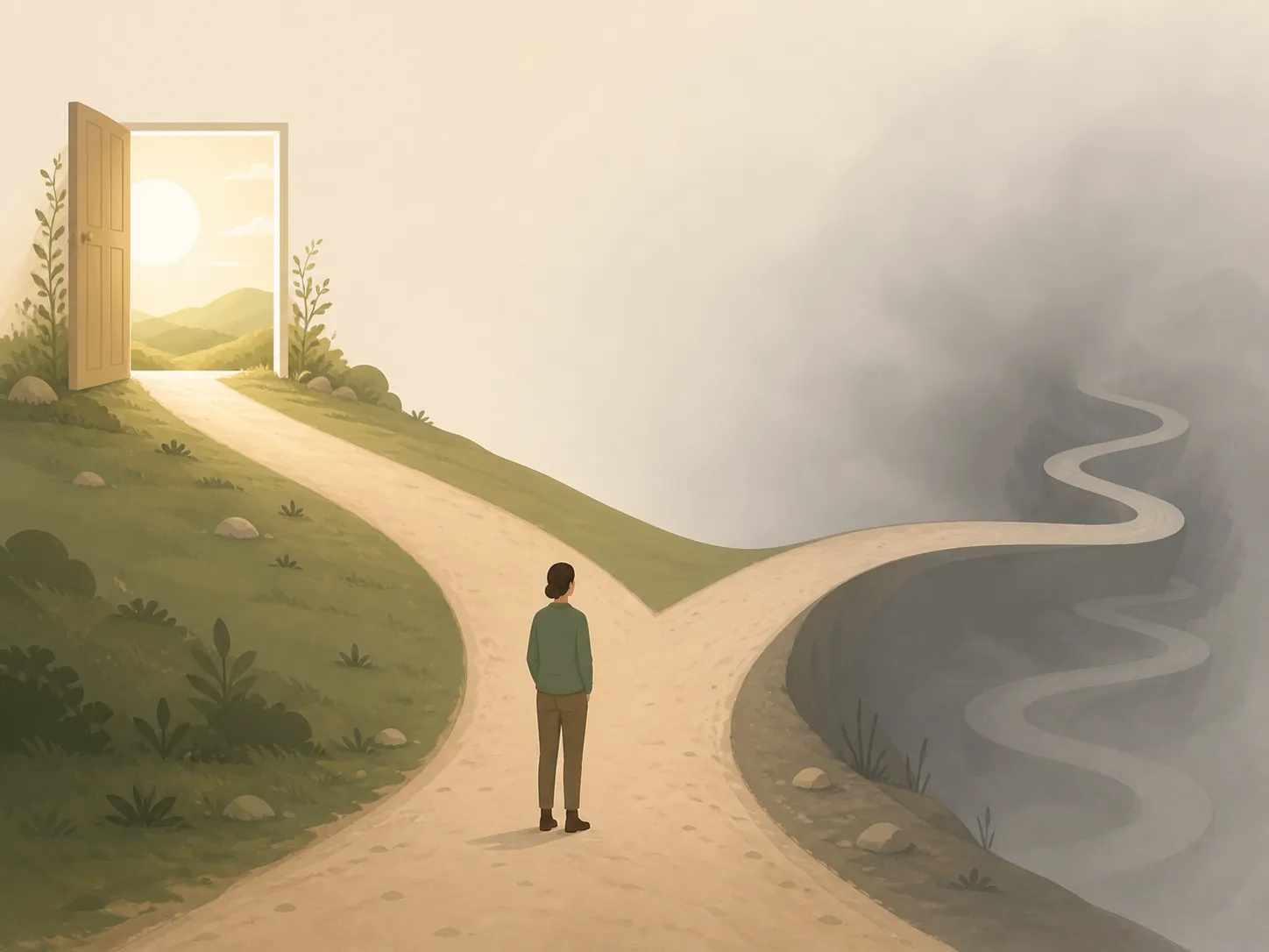 A figure choosing between a bright open doorway and a gray fog spiral