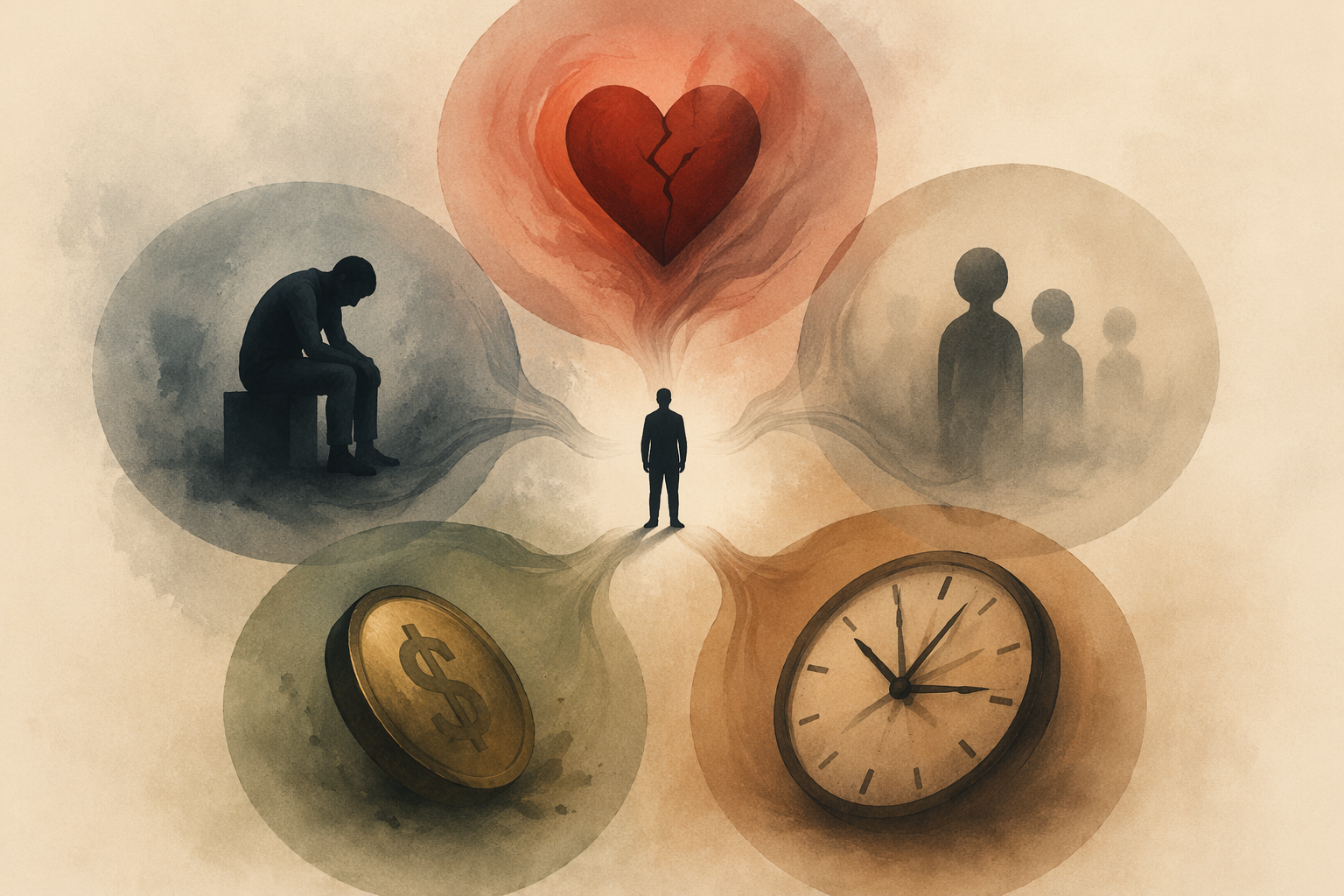 Illustration of emotional strain, physical exhaustion, social withdrawal, financial pressure, and time scarcity around a caregiver figure